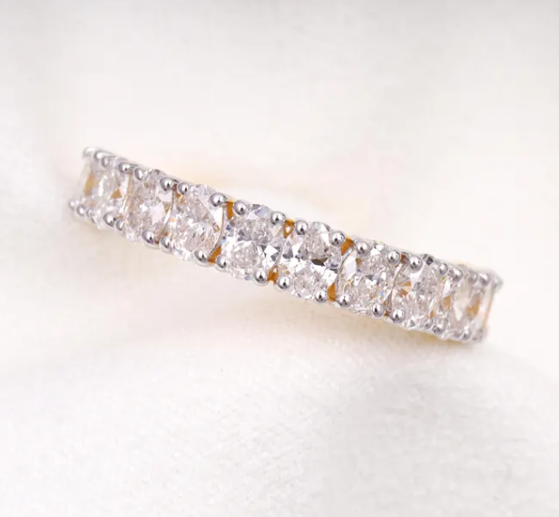 14K White Yellow Lab Oval Diamond Half Eternity Wedding Band