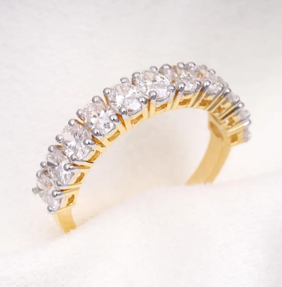 14K White Yellow Lab Oval Diamond Half Eternity Wedding Band