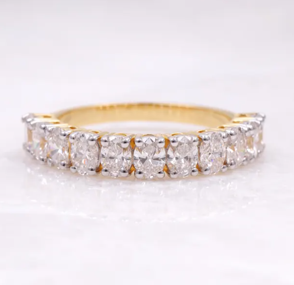14K White Yellow Lab Oval Diamond Half Eternity Wedding Band
