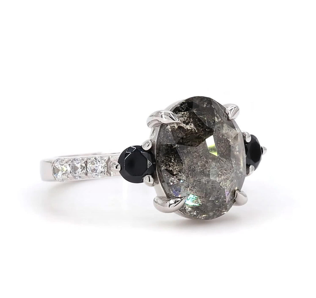 14K White Gold Grey Salt and Pepper Oval Cut Natural Diamond Anniversary Ring