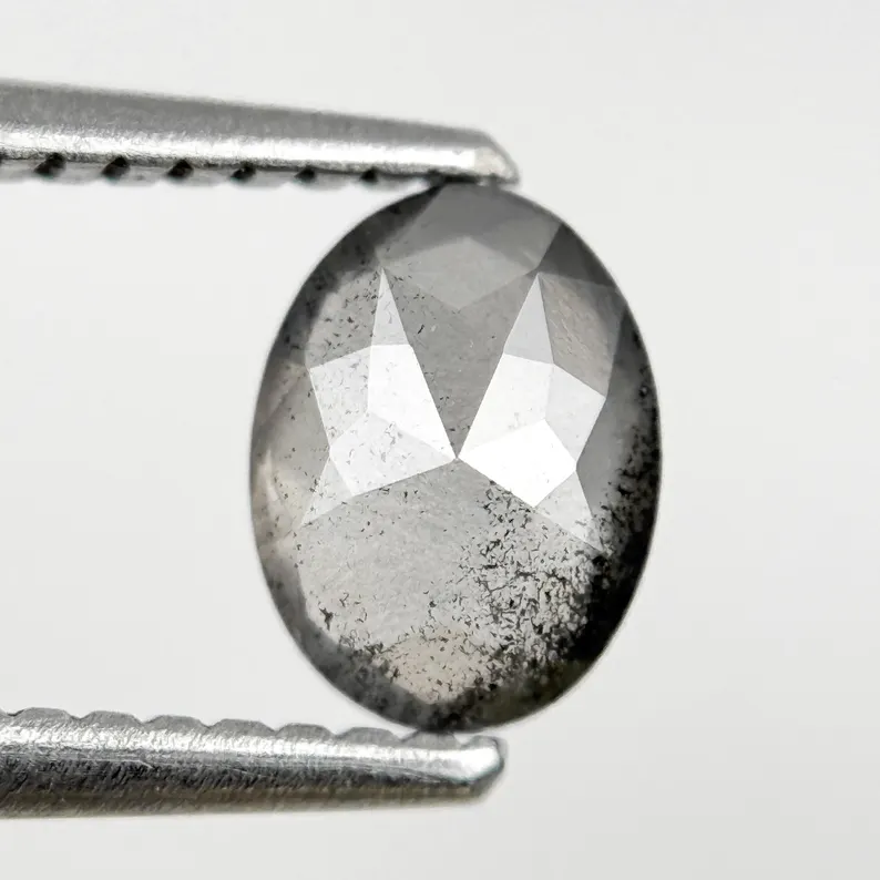 0.93 Ct Oval Rose Cut Grey Natural Salt and Pepper Diamond