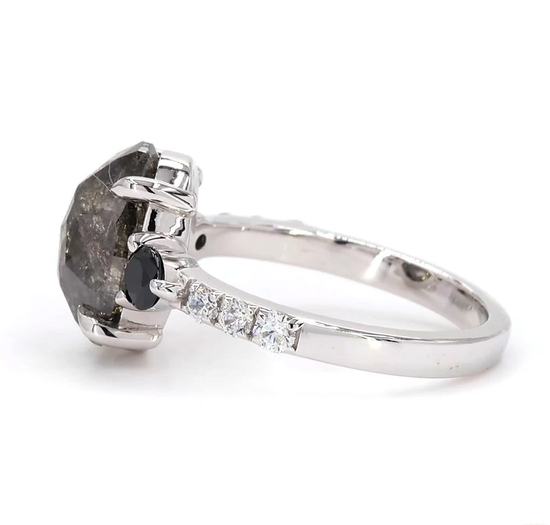 14K White Gold Grey Salt and Pepper Oval Cut Natural Diamond Anniversary Ring