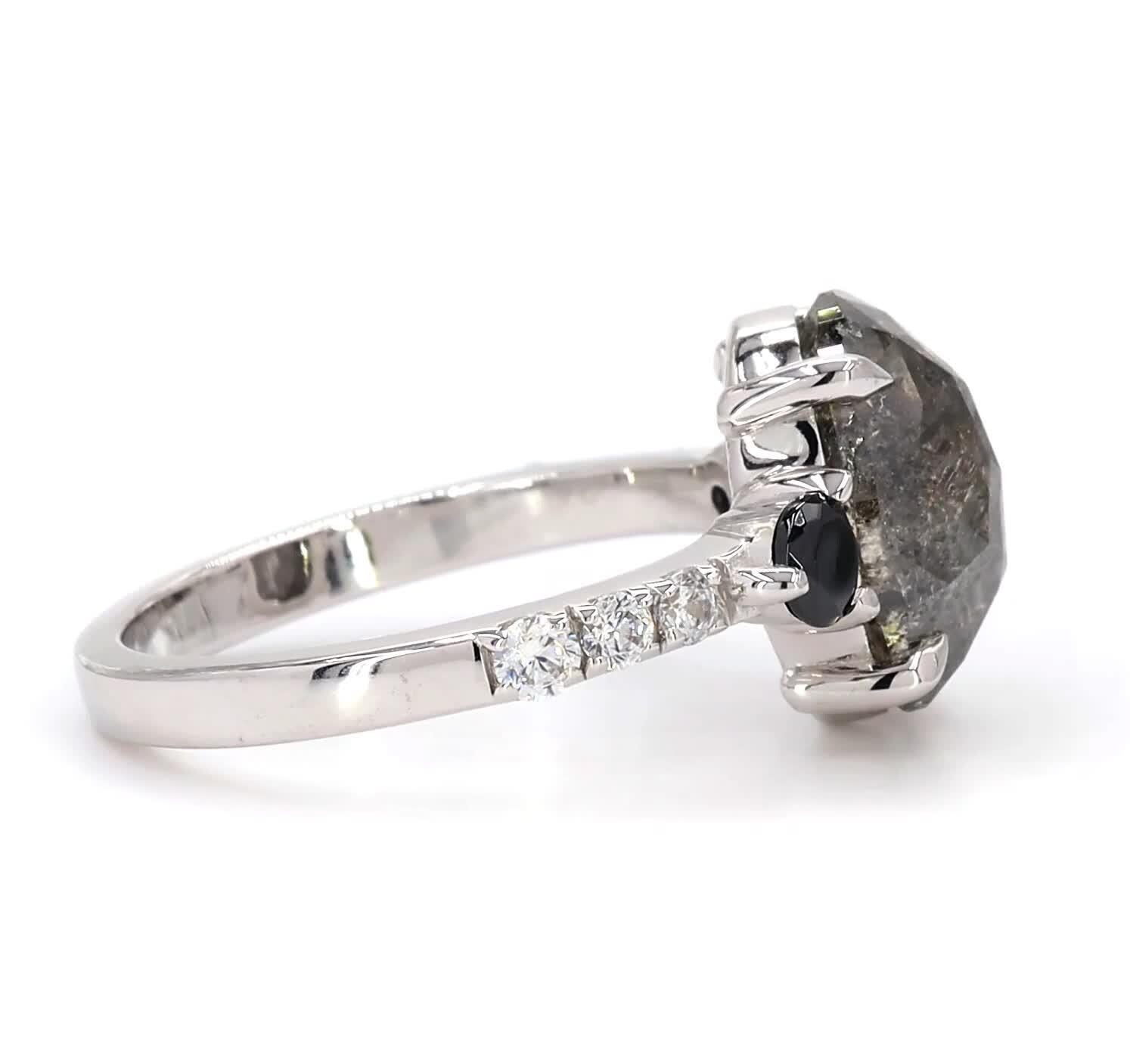 14K White Gold Grey Salt and Pepper Oval Cut Natural Diamond Anniversary Ring