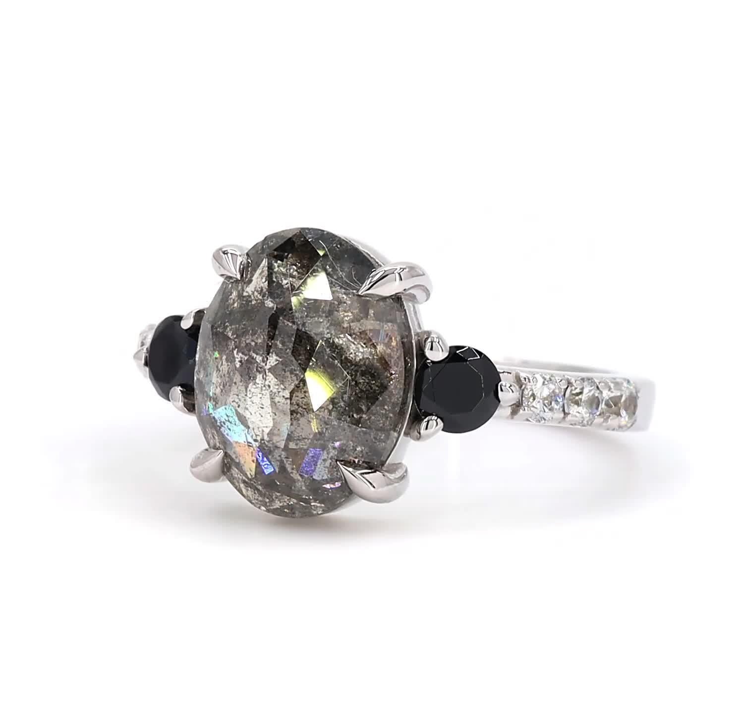 14K White Gold Grey Salt and Pepper Oval Cut Natural Diamond Anniversary Ring