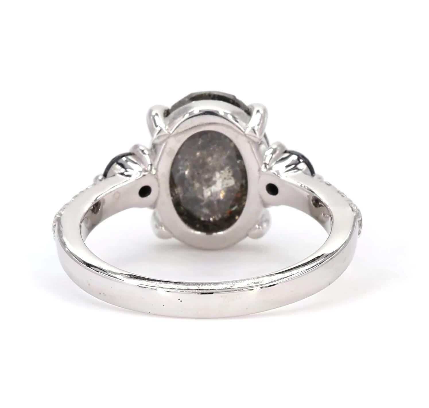 14K White Gold Grey Salt and Pepper Oval Cut Natural Diamond Anniversary Ring