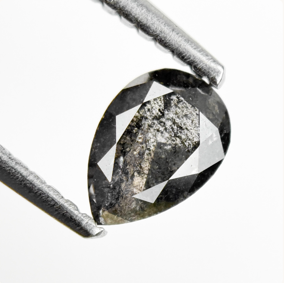 0.71 Ct Pear Rose Cut Grey Natural Salt and Pepper Diamond