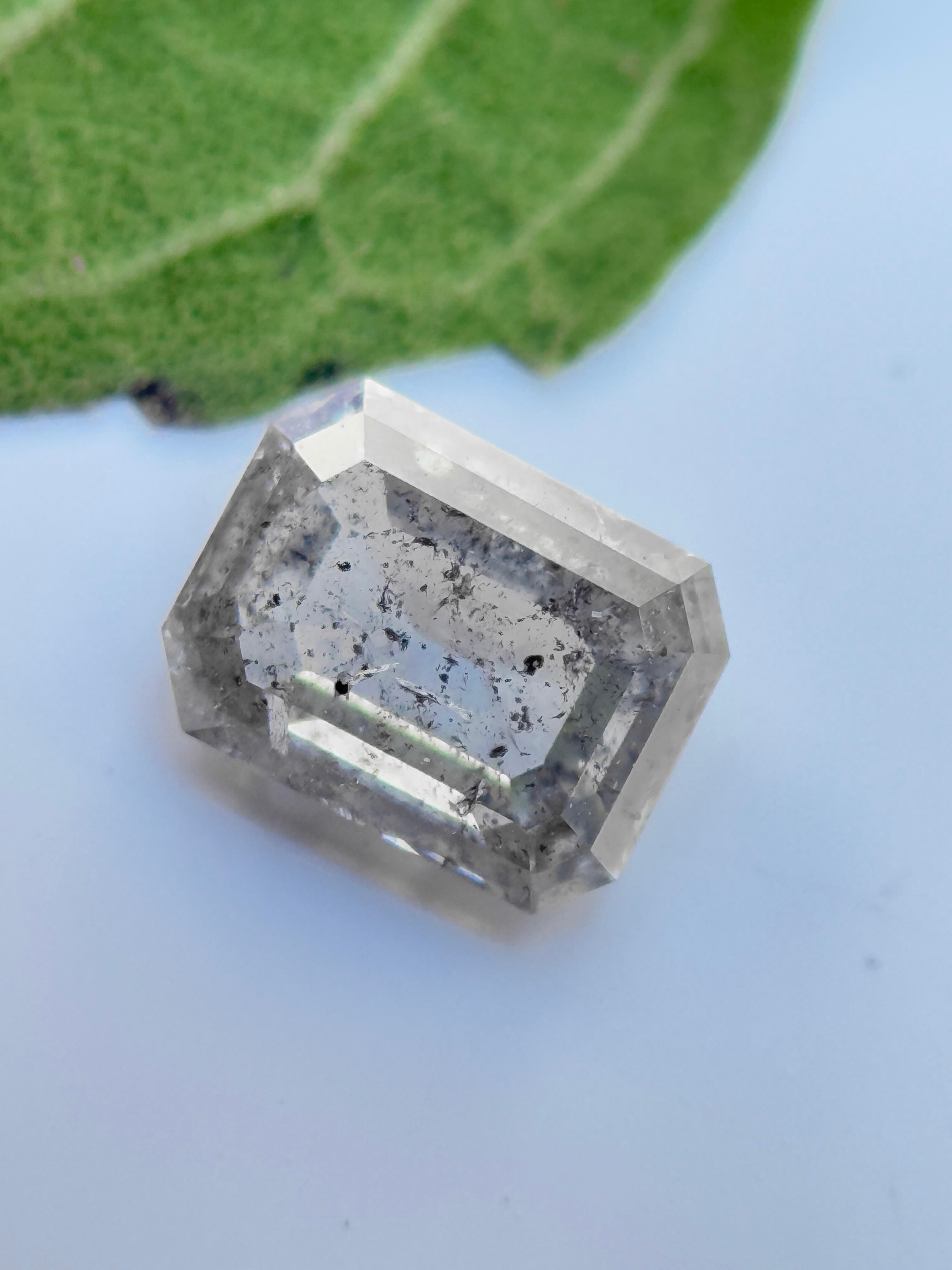 0.59 Ct Emerald Rose Cut White Natural Salt and Pepper Diamond