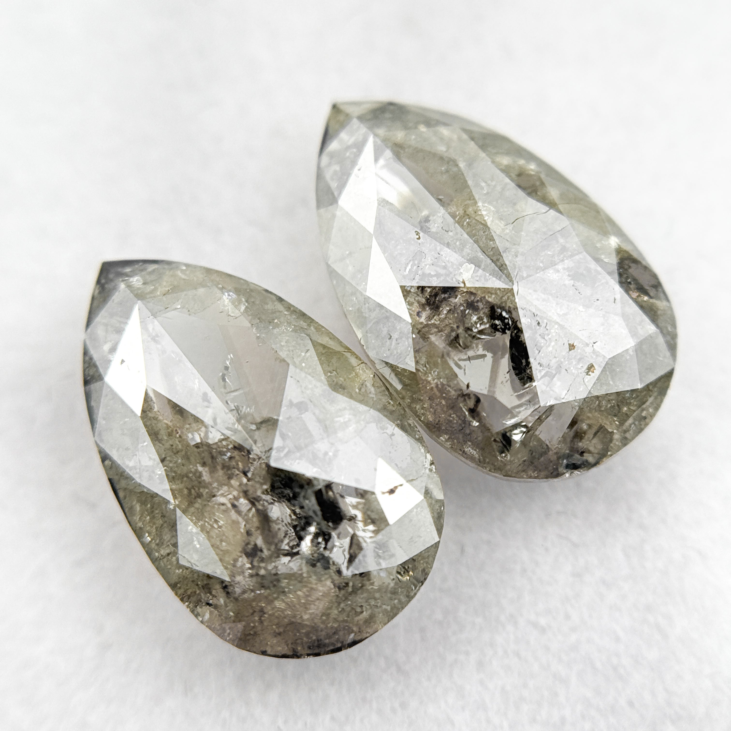 3.20 Ct Pear Rose Cut Grey Natural Salt and Pepper Diamond Pair