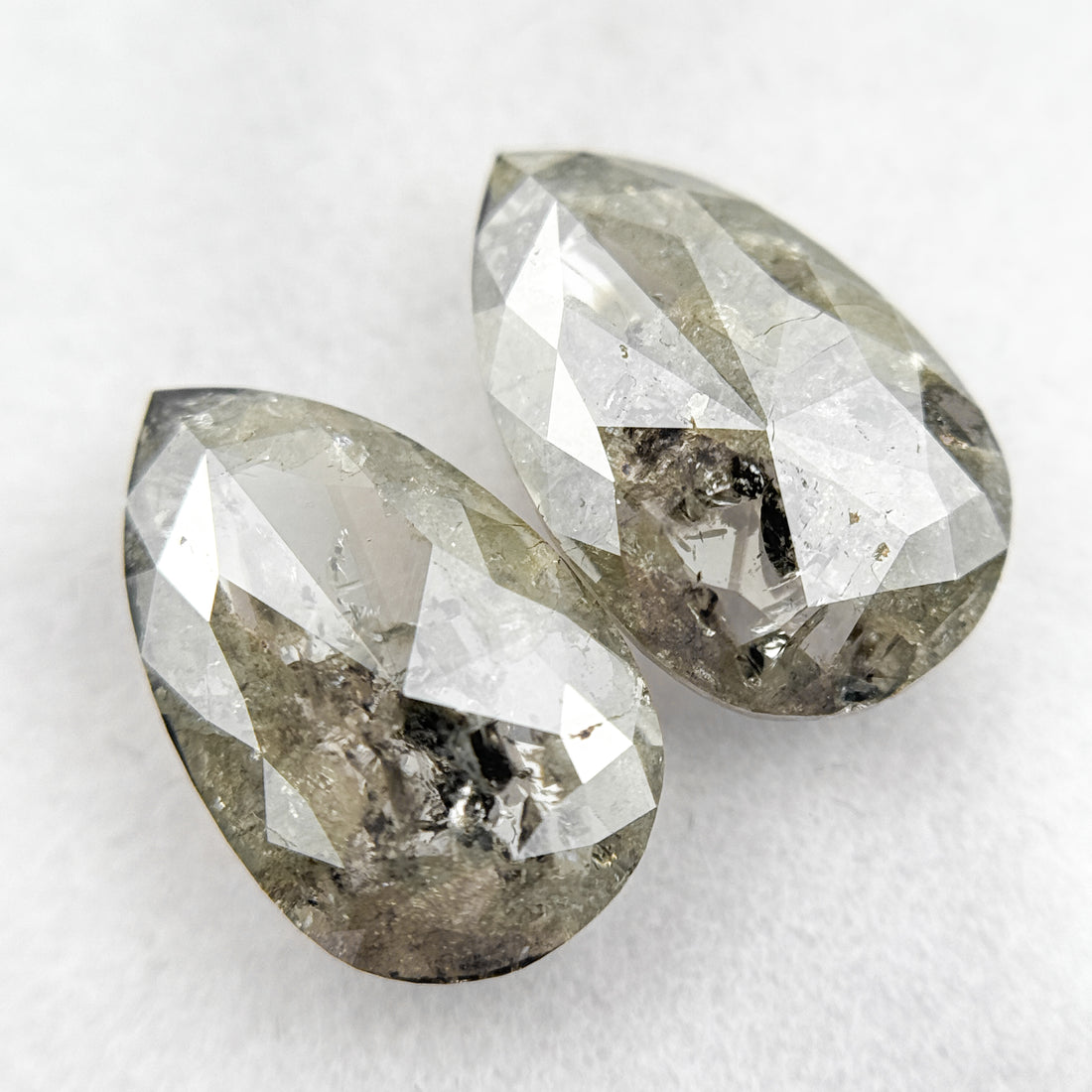 3.20 Ct Pear Rose Cut Grey Natural Salt and Pepper Diamond Pair