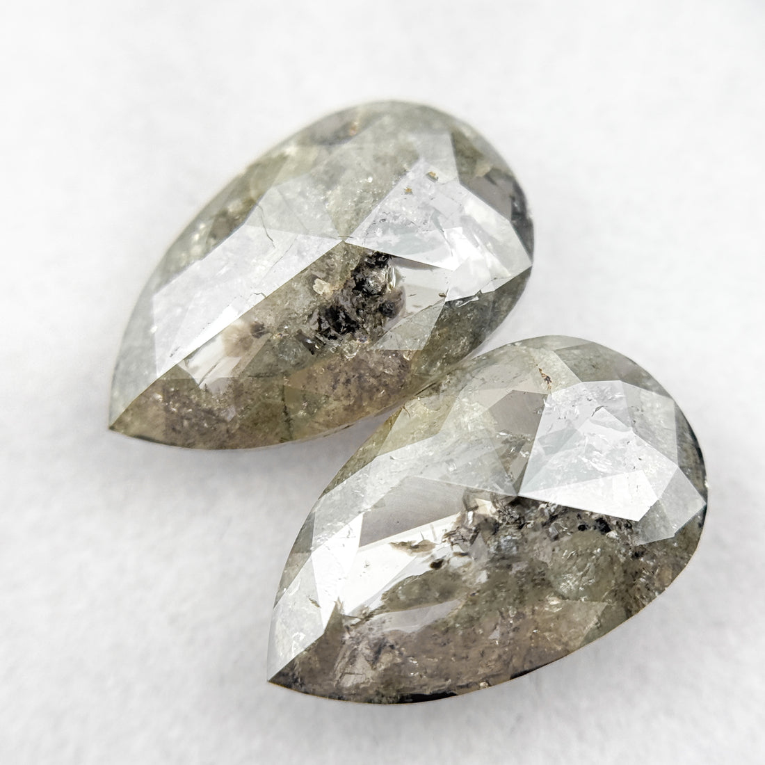 3.20 Ct Pear Rose Cut Grey Natural Salt and Pepper Diamond Pair