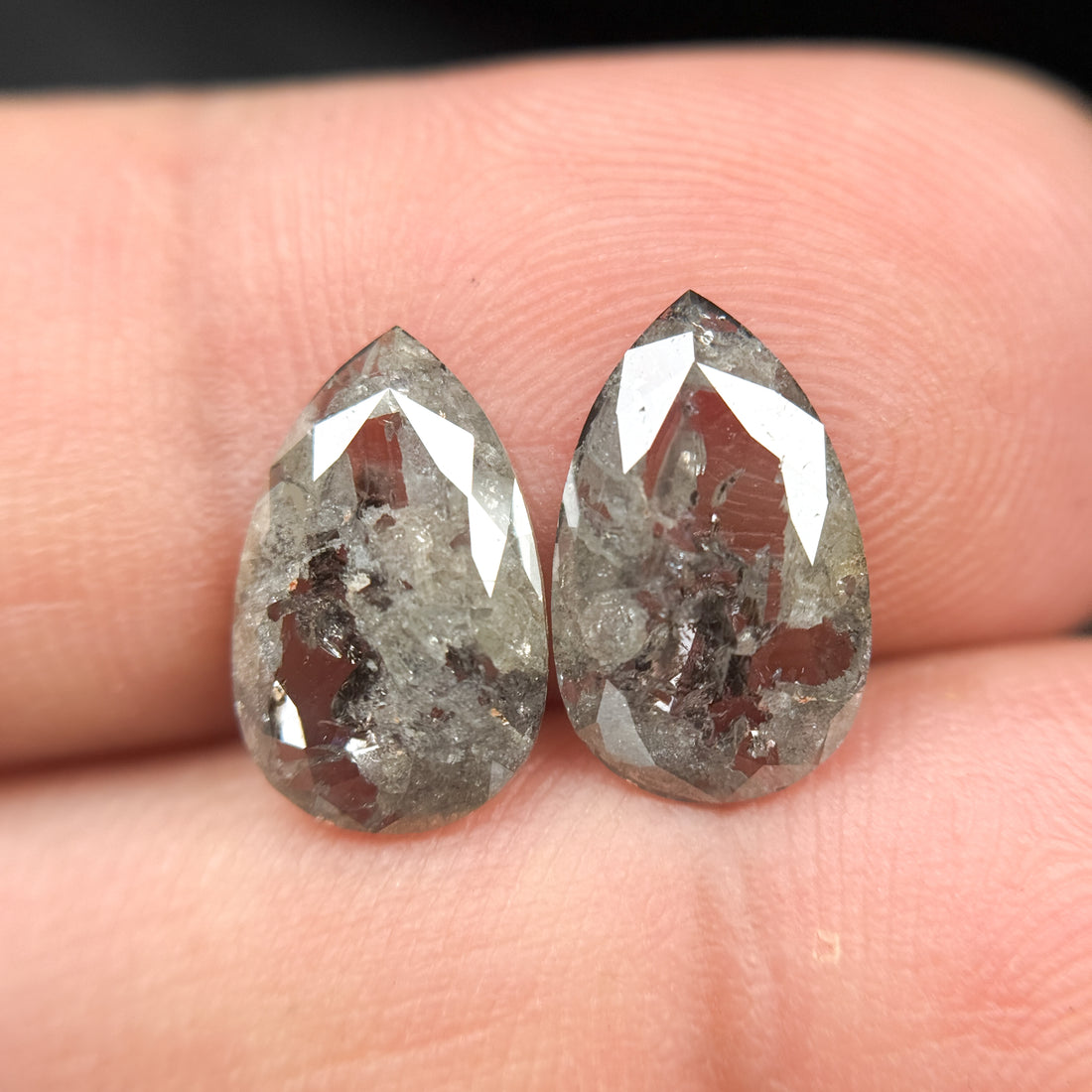 3.20 Ct Pear Rose Cut Grey Natural Salt and Pepper Diamond Pair