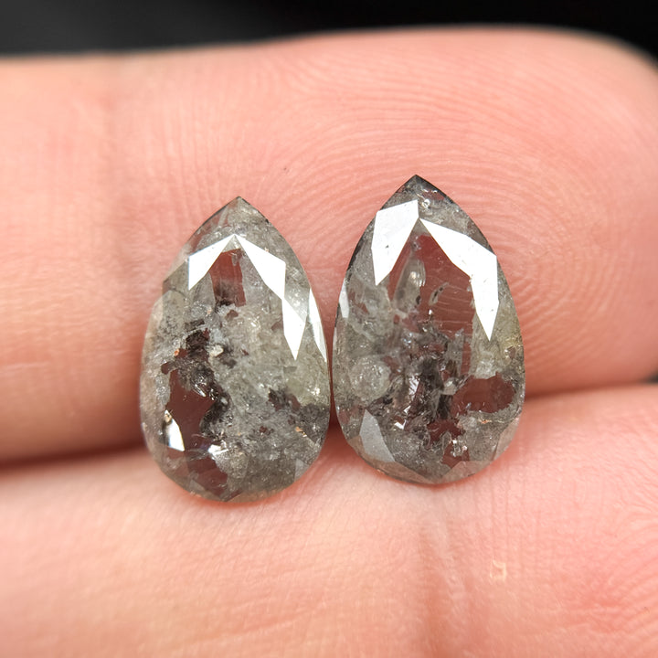 3.20 Ct Pear Rose Cut Grey Natural Salt and Pepper Diamond Pair