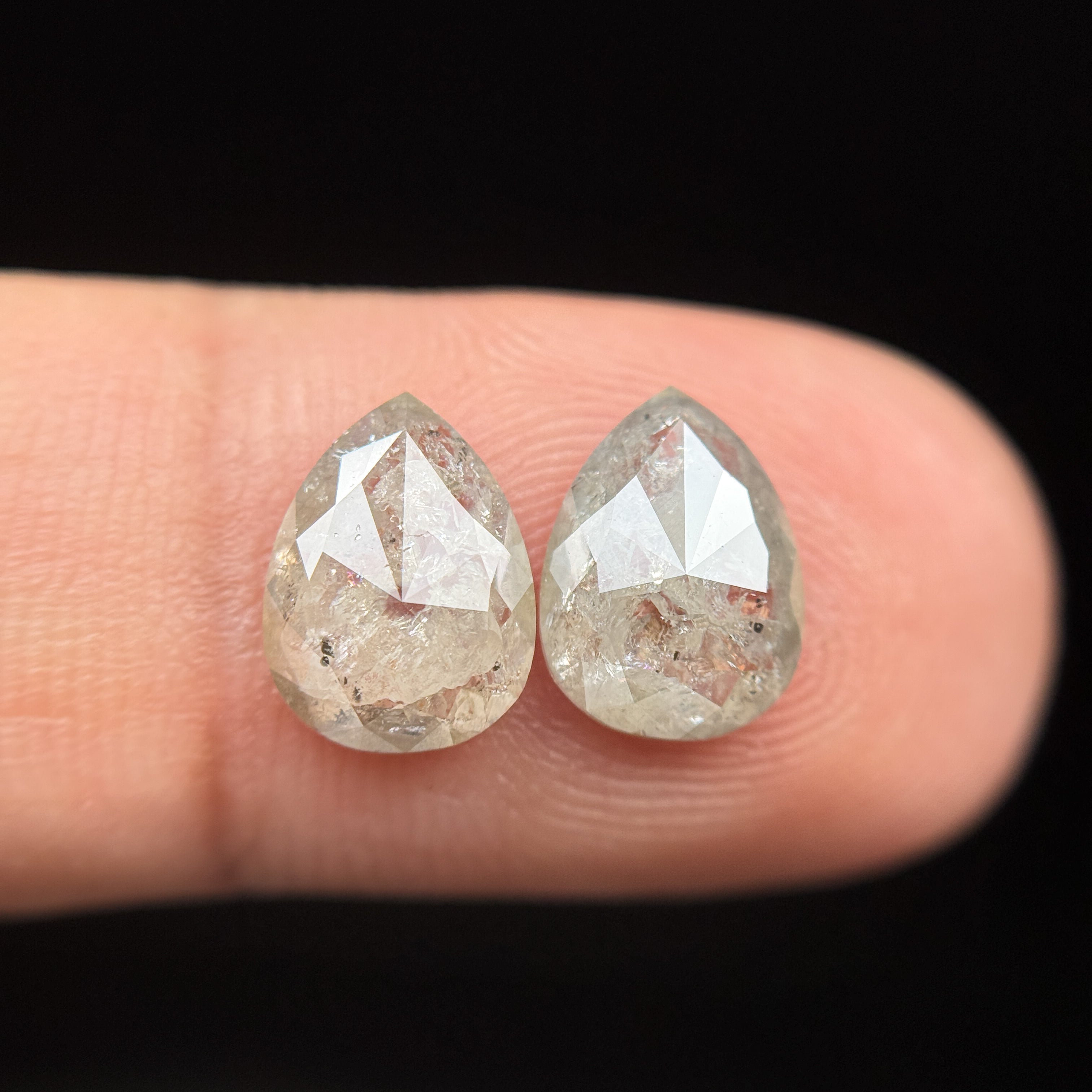 2.93 Ct Pear Rose Cut Grey Natural Salt and pepper Diamond Pair