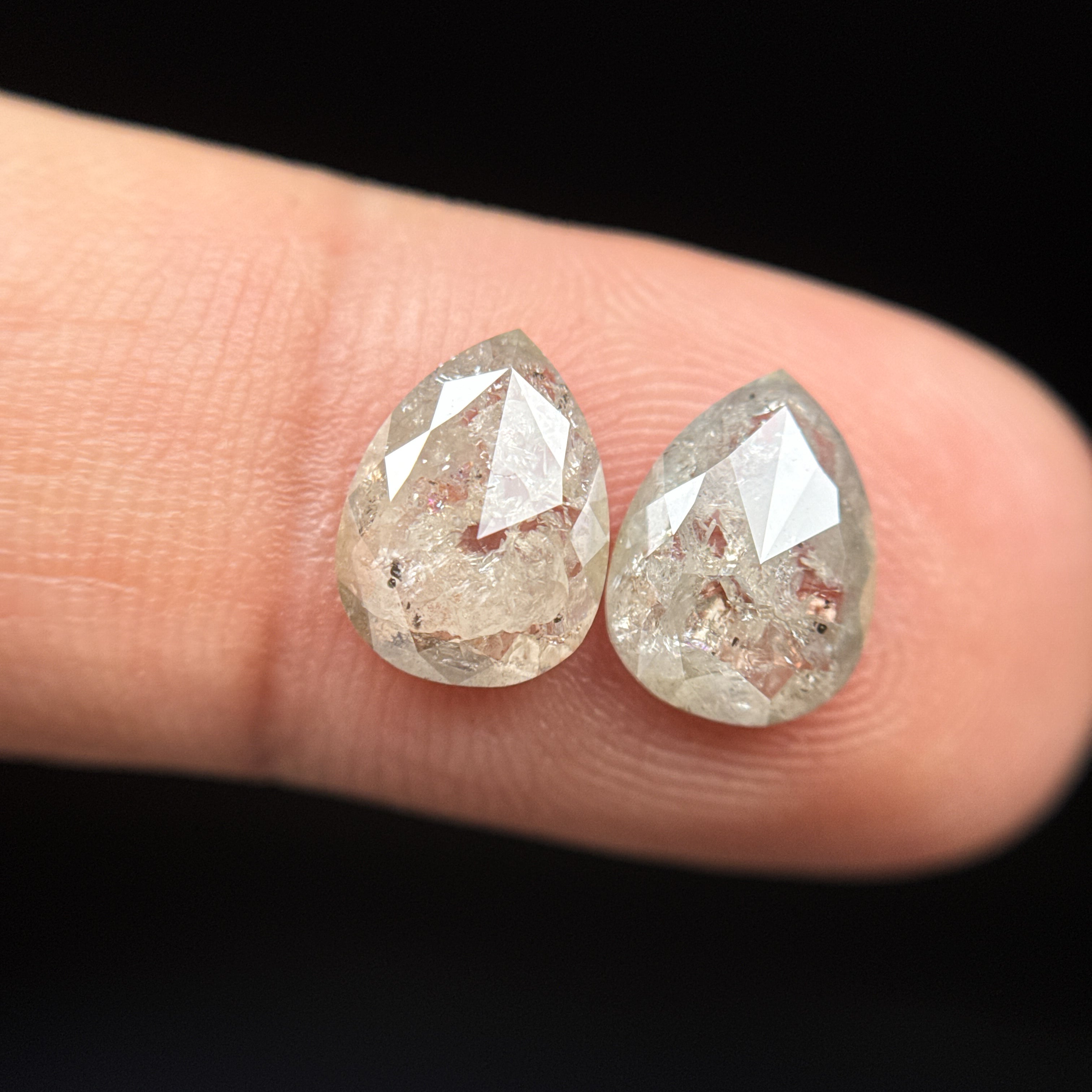 2.93 Ct Pear Rose Cut Grey Natural Salt and pepper Diamond Pair