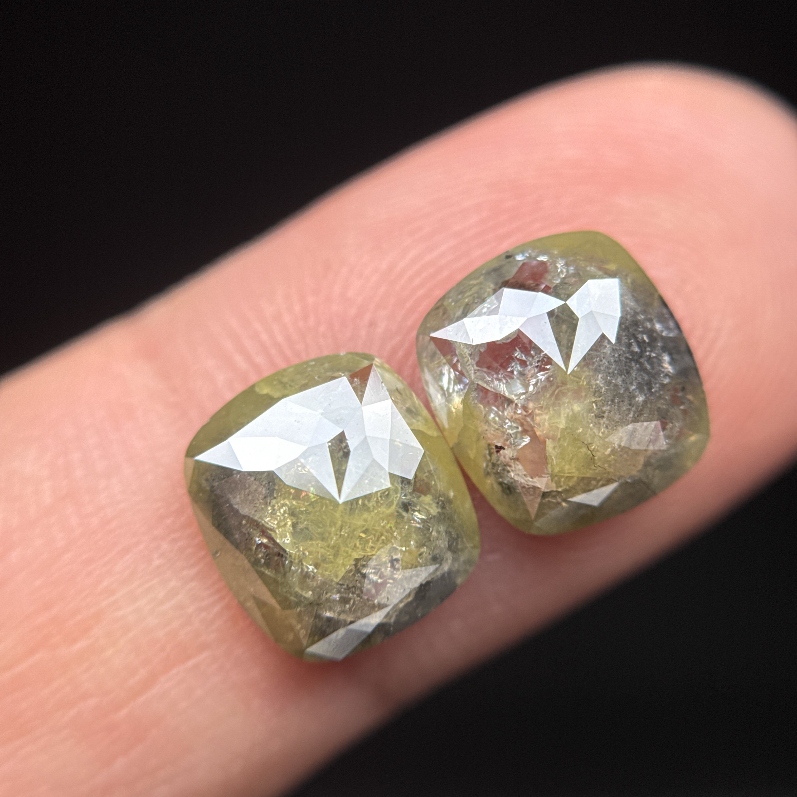 5.38 Ct Cushion Rose Cut Green Natural Fancy Diamond Pair