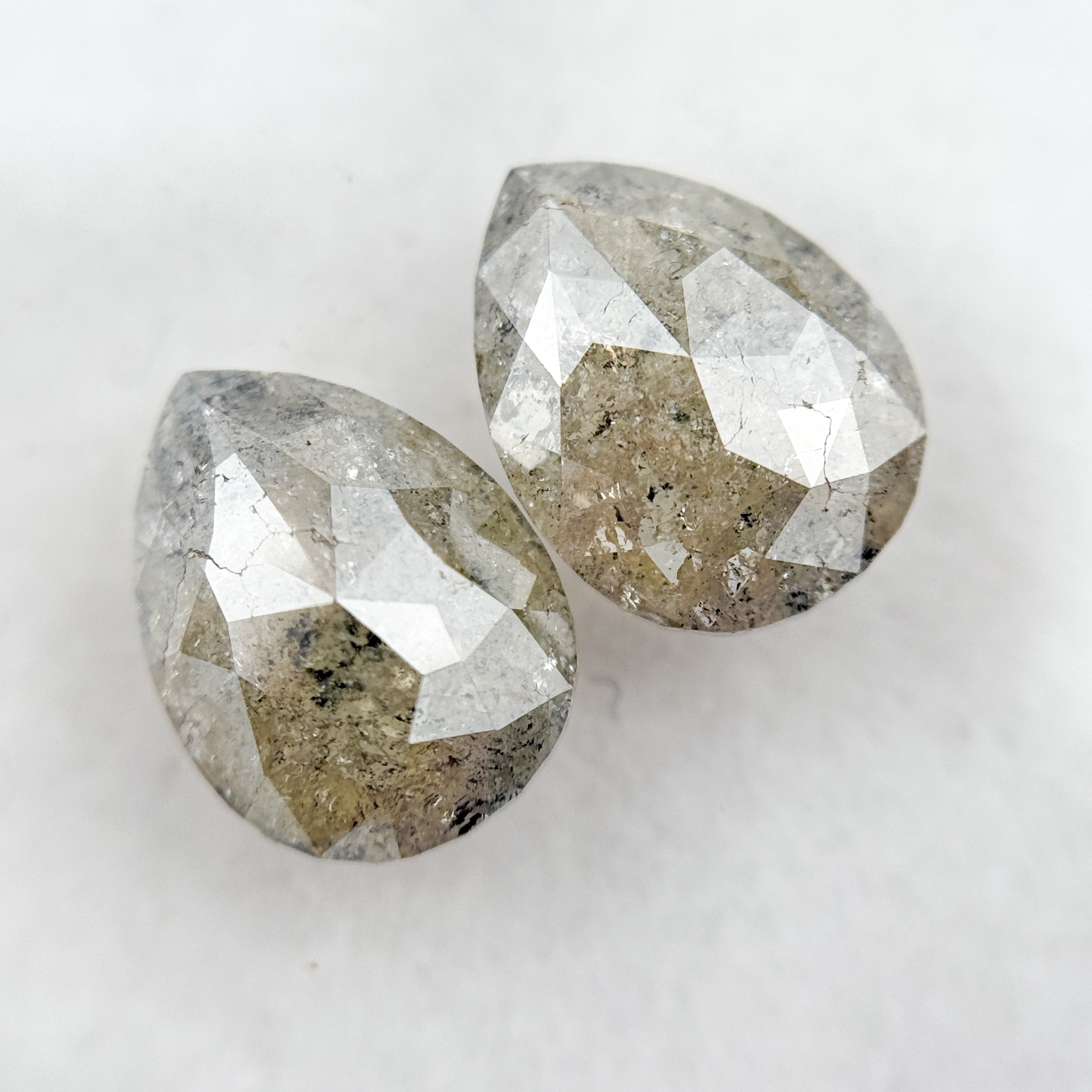 3.80 Ct Pear Rose Cut Grey Natural Salt and Pepper Diamond Pair