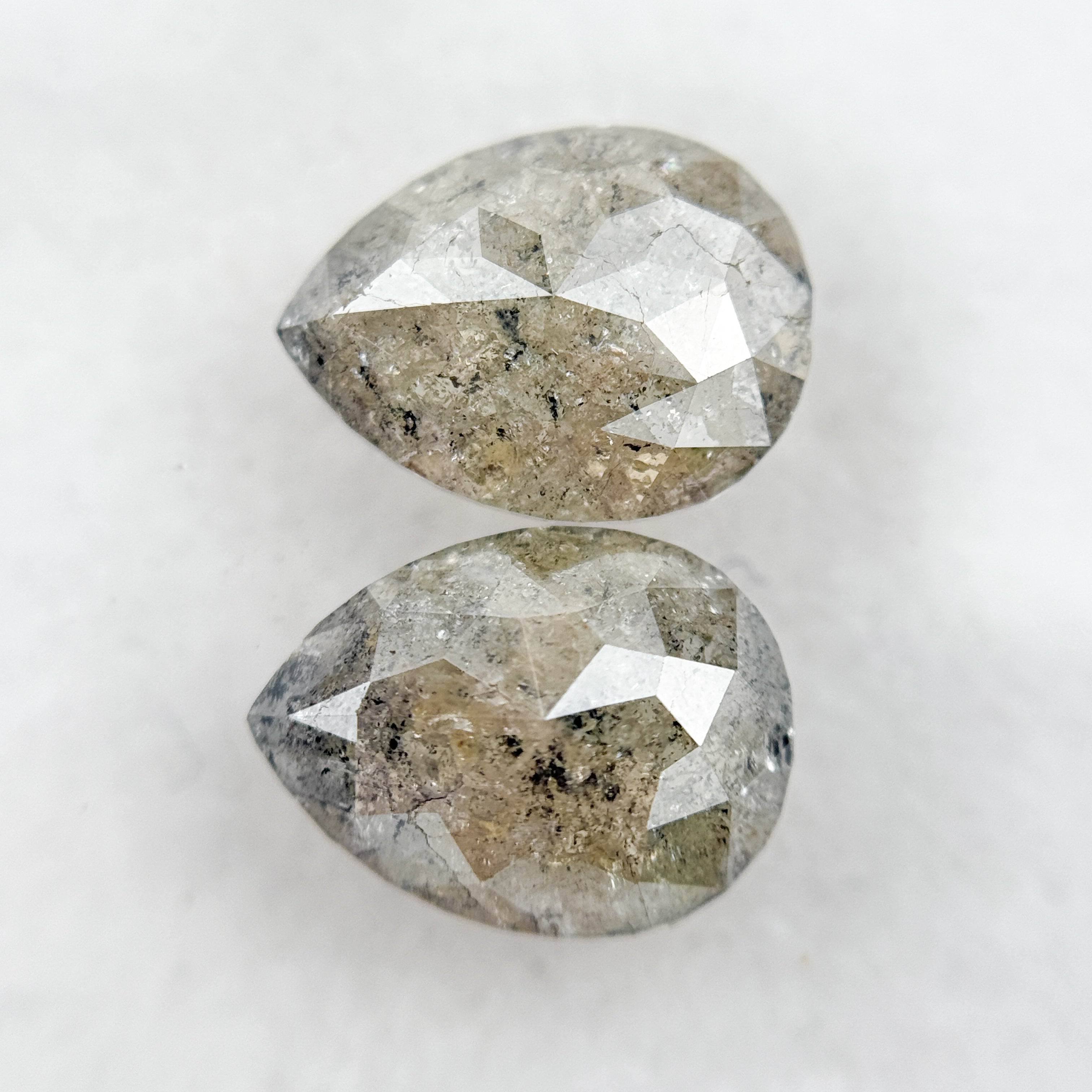 3.80 Ct Pear Rose Cut Grey Natural Salt and Pepper Diamond Pair