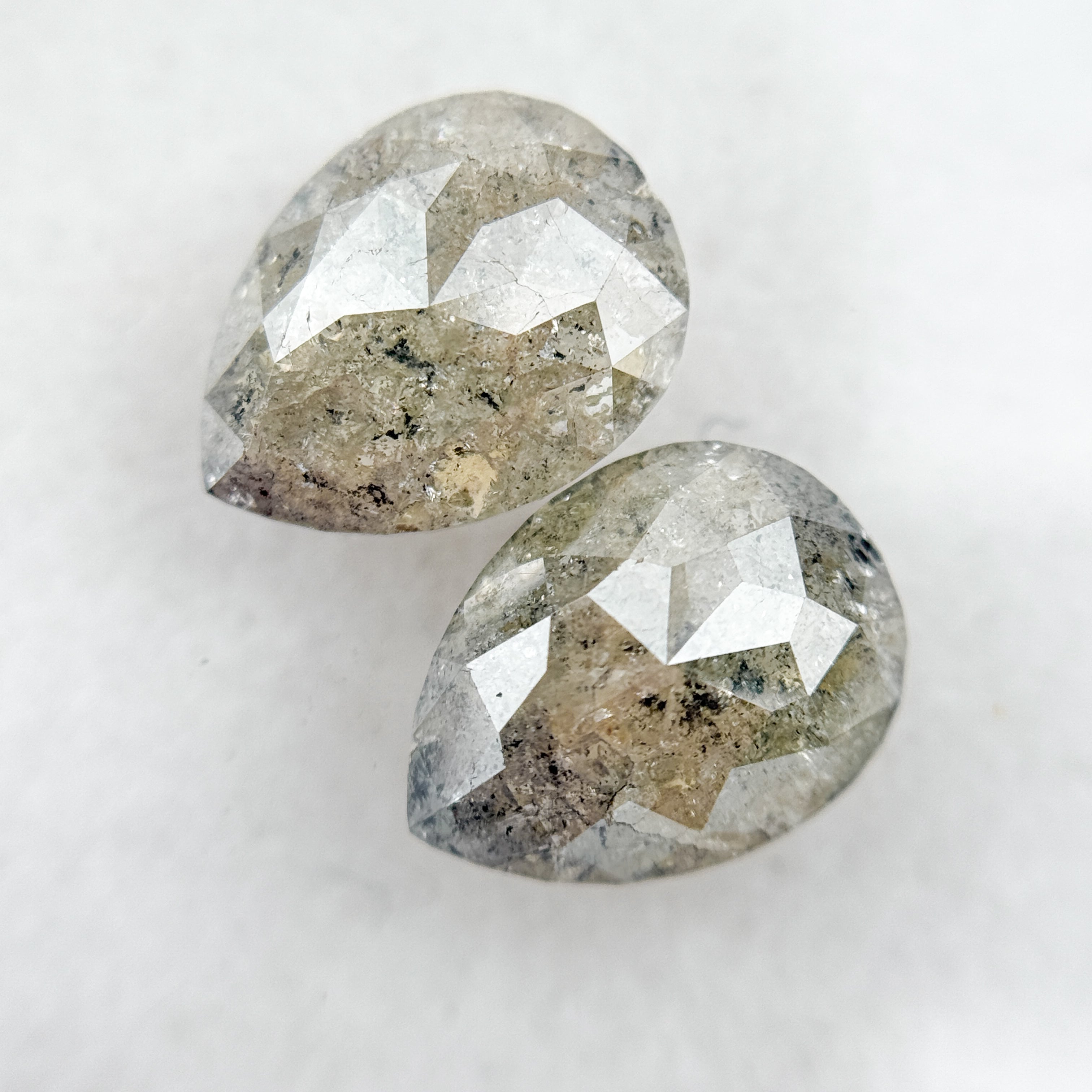 3.80 Ct Pear Rose Cut Grey Natural Salt and Pepper Diamond Pair