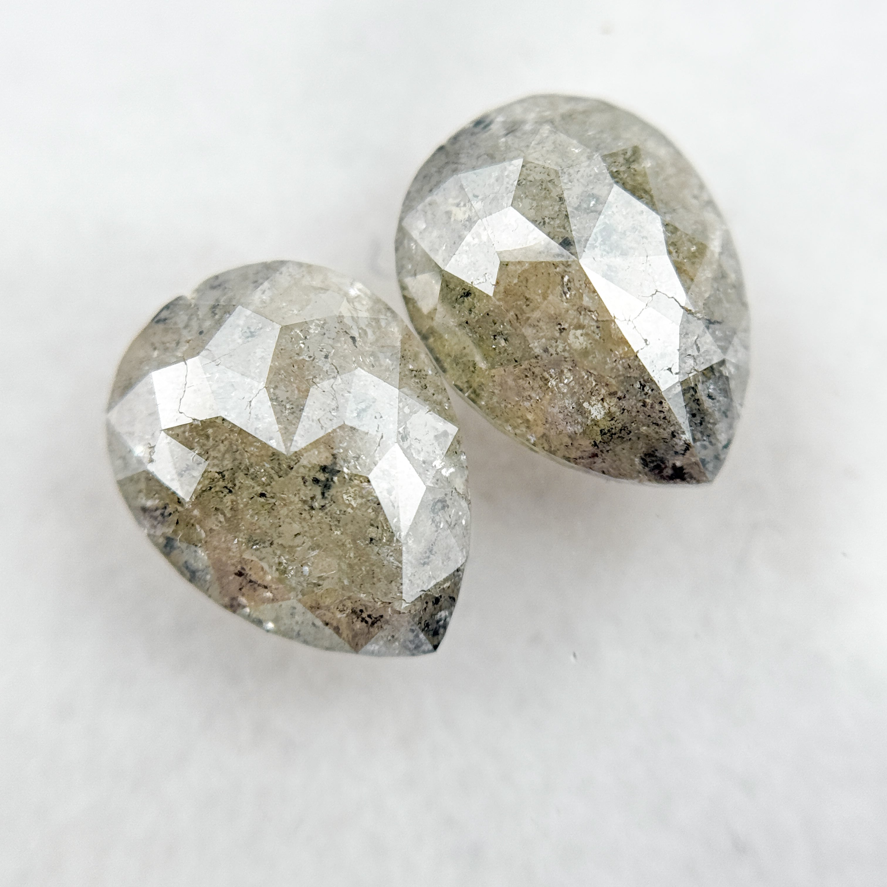 3.80 Ct Pear Rose Cut Grey Natural Salt and Pepper Diamond Pair