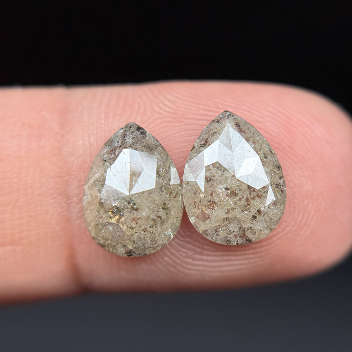3.80 Ct Pear Rose Cut Grey Natural Salt and Pepper Diamond Pair