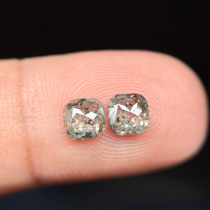 1.31 Ct Cushion Rose Cut Grey Natural Salt and Pepper Diamond Pair