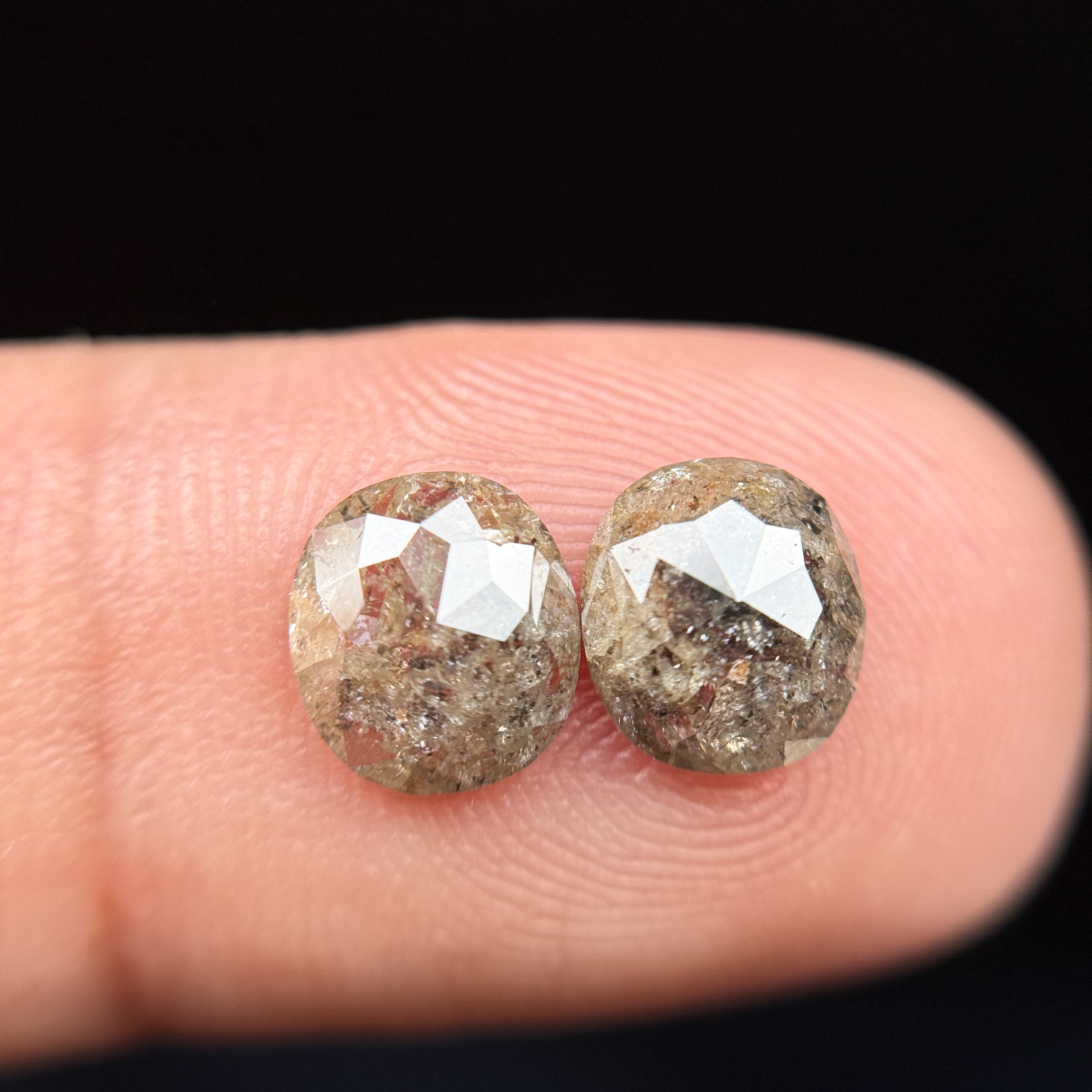 2.30 Ct Oval Rose Cut Grey Natural Salt and Pepper Diamond Pair