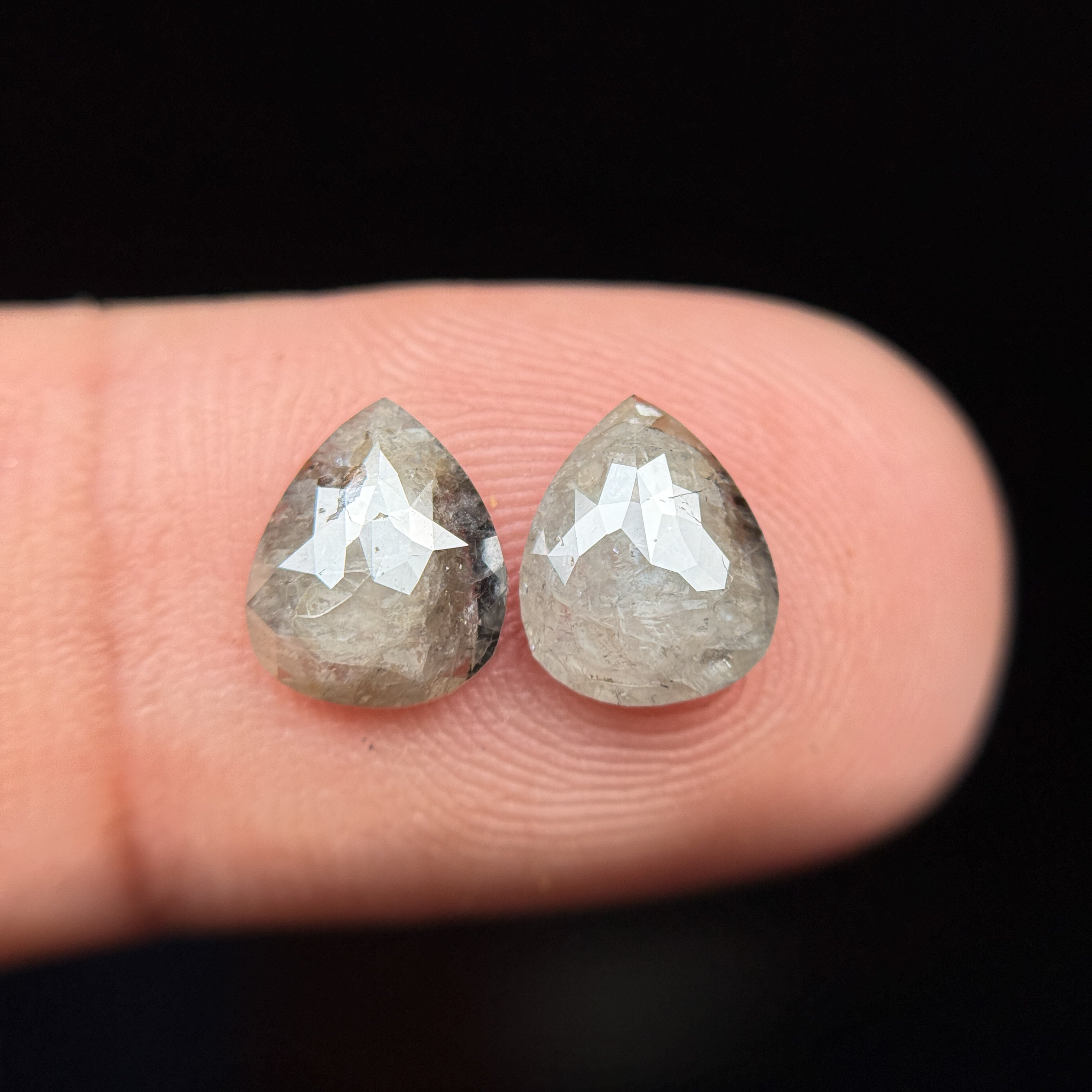 2.02 Ct Pear Rose Cut Grey Natural Salt and Pepper Diamond Pair