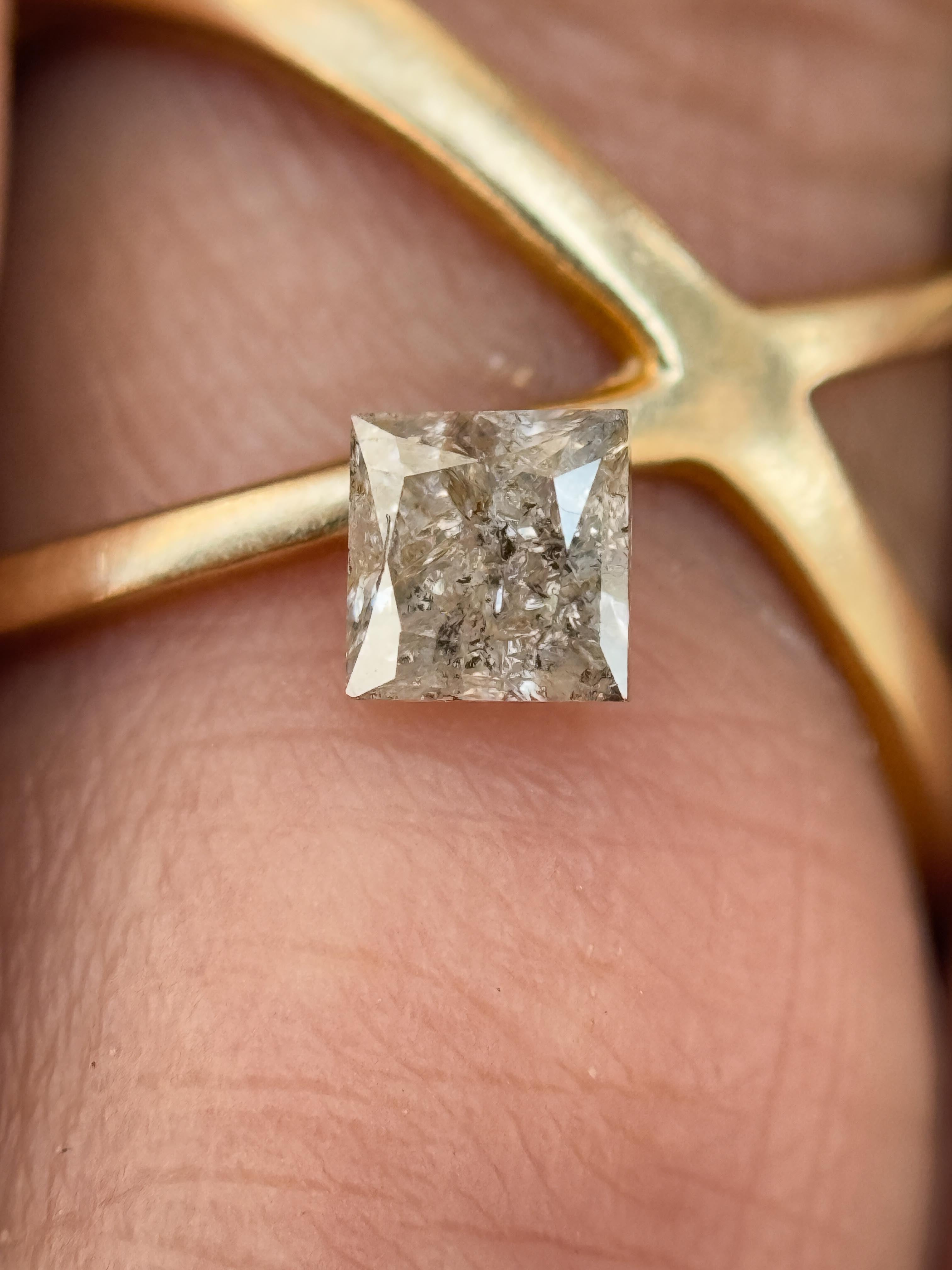 0.38 Ct Princess Rose Cut Grey Natural Salt and Pepper Diamond