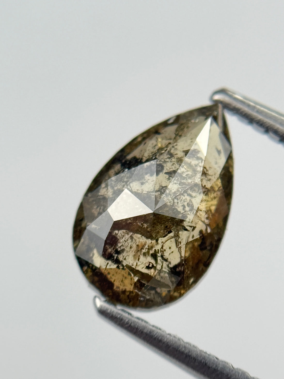 1.55 Ct Pear Rose Cut Green Natural Salt and Pepper Diamond