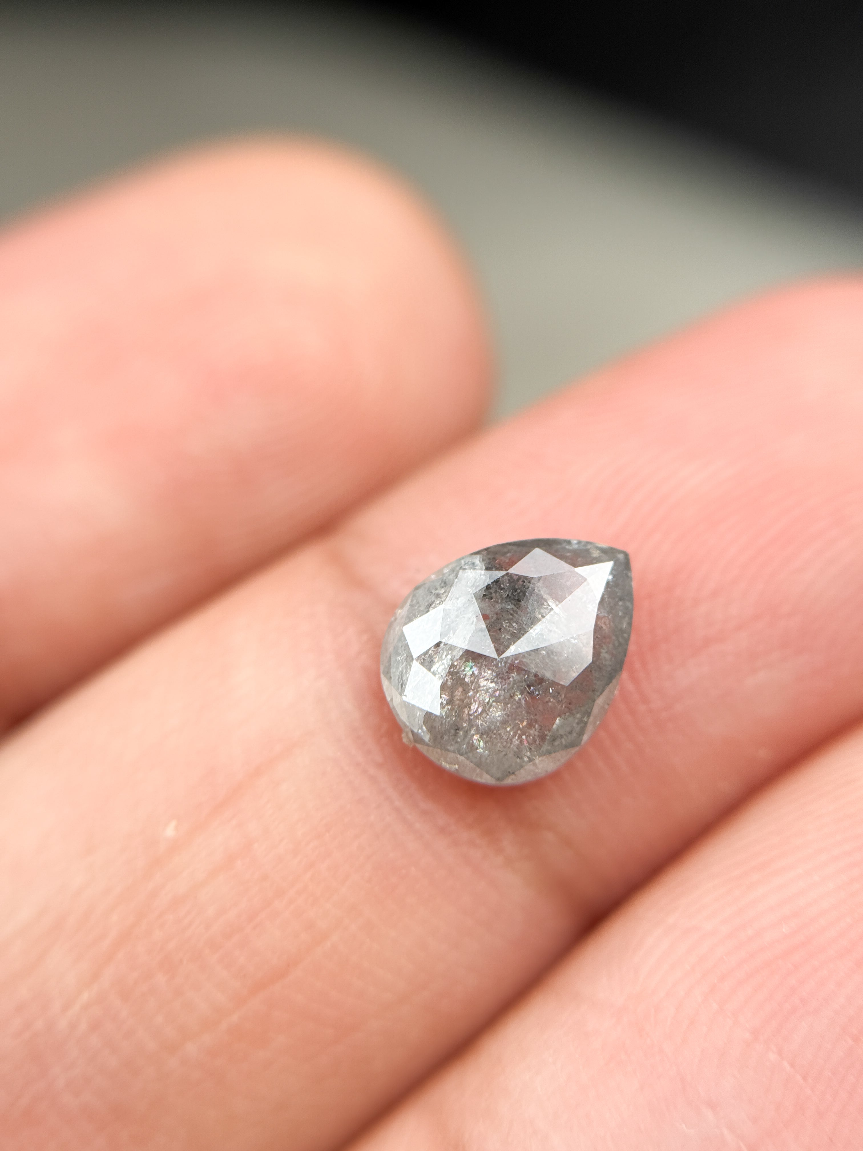 1.61 Ct Pear Rose Cut Grey Natural Salt and Pepper Diamond