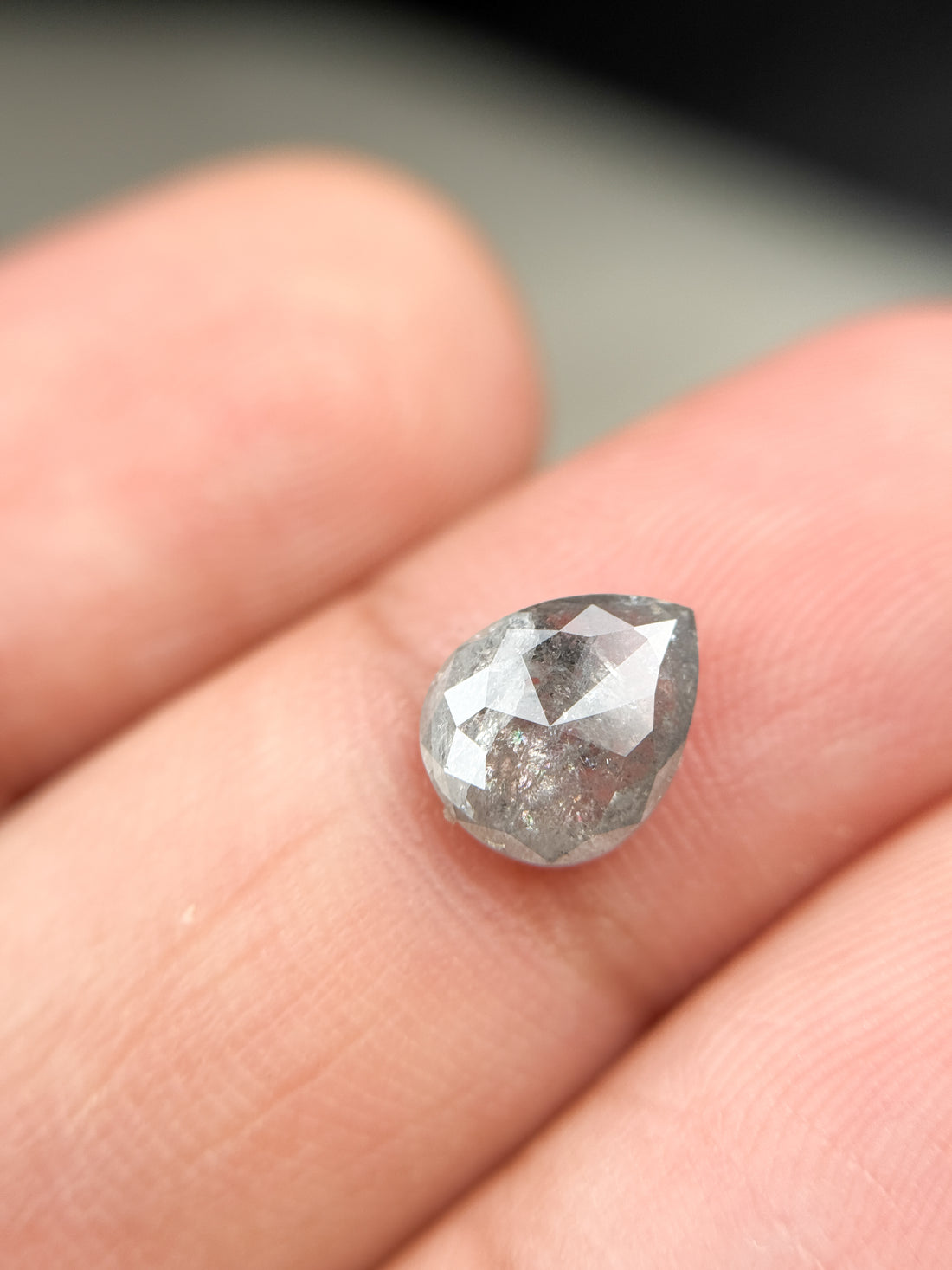 1.61 Ct Pear Rose Cut Grey Natural Salt and Pepper Diamond