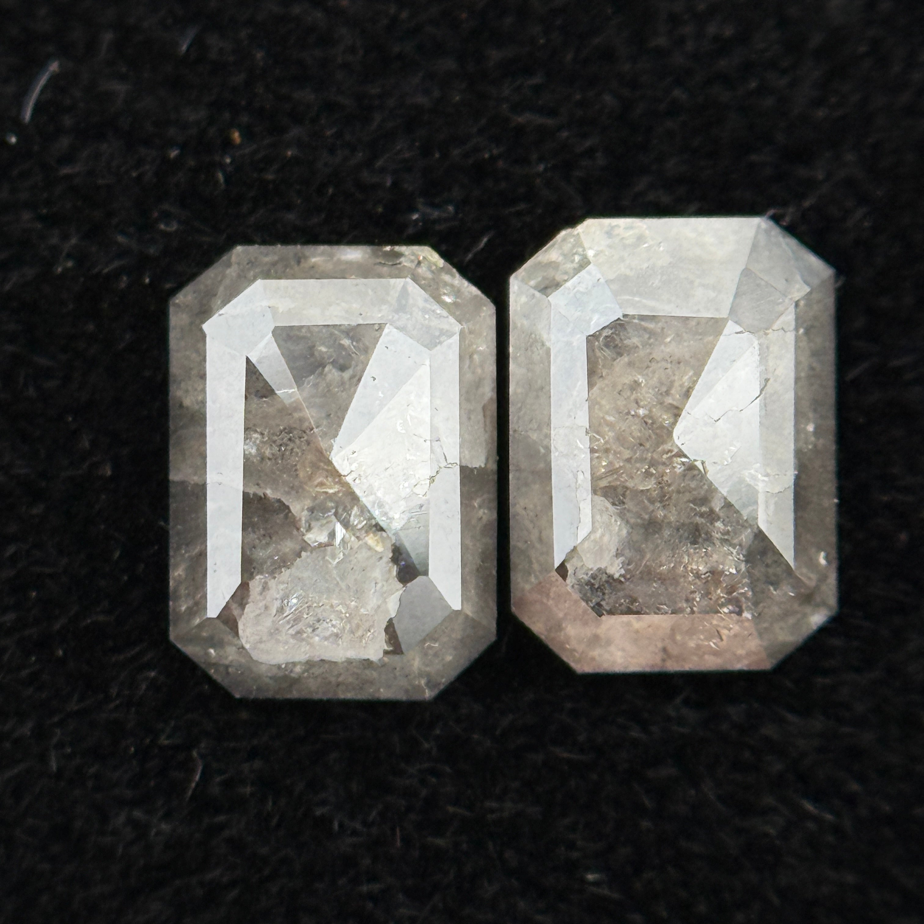 1.14 Ct Emerald Rose Cut Grey Natural Galaxy Salt and Pepper Diamond Pair