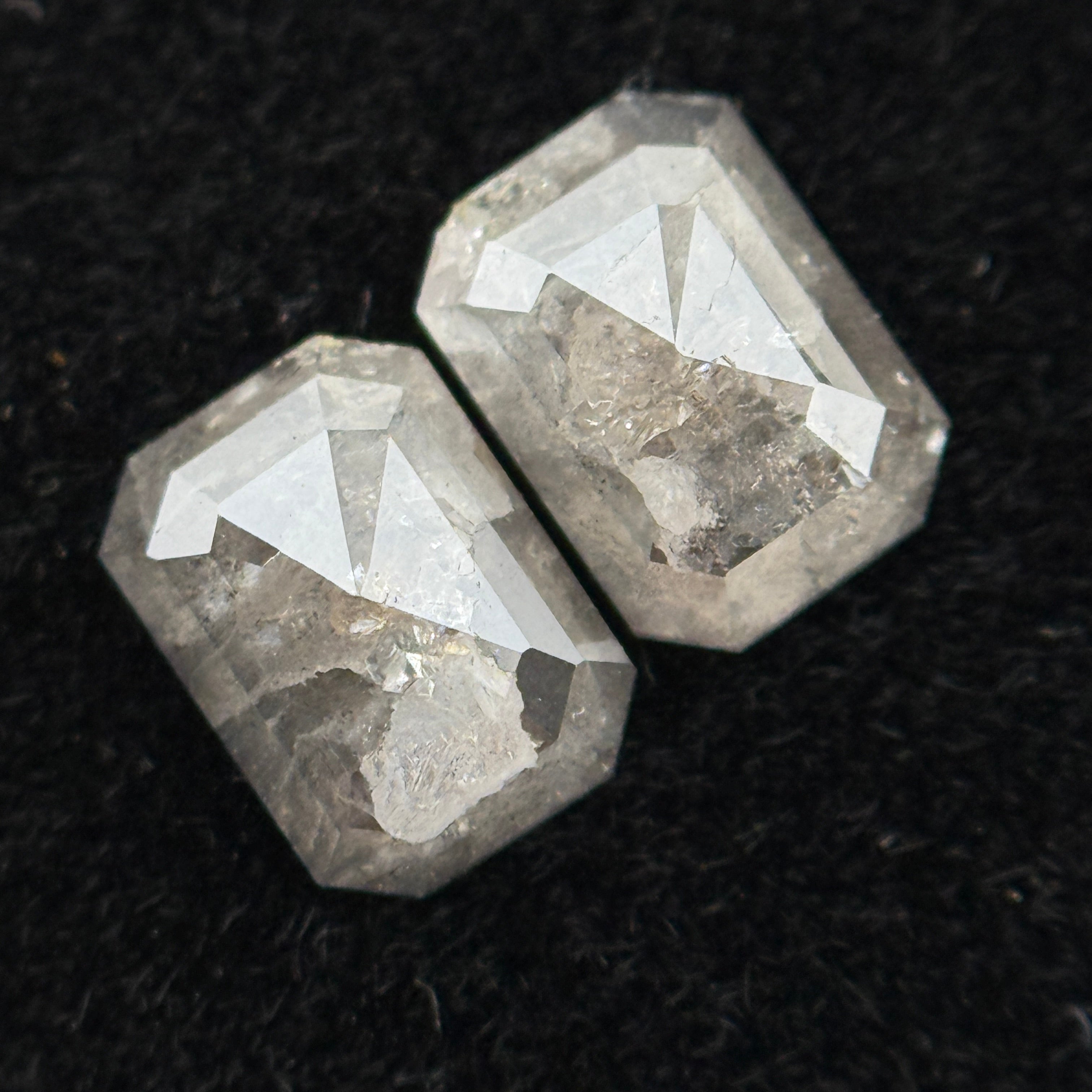 1.14 Ct Emerald Rose Cut Grey Natural Galaxy Salt and Pepper Diamond Pair