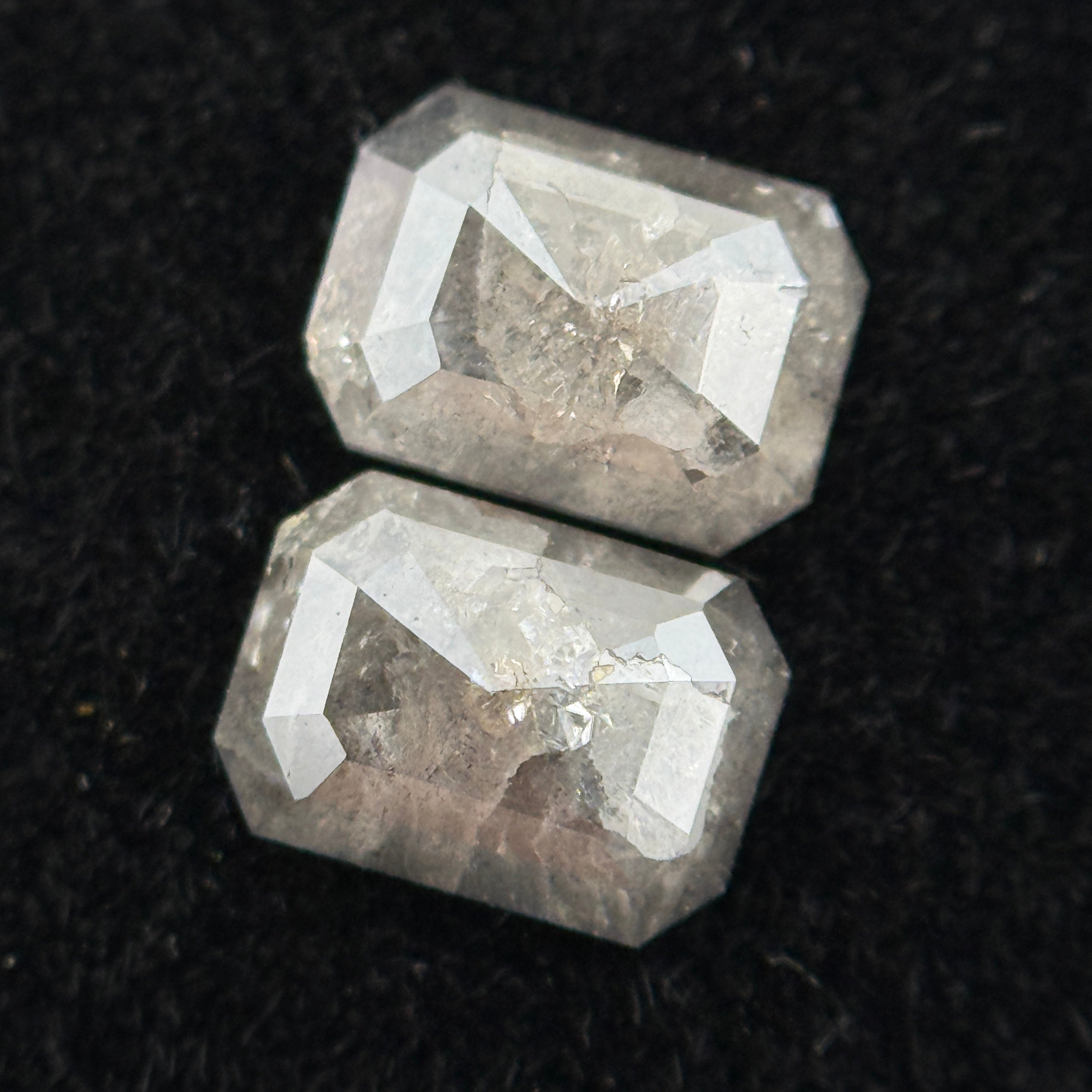 1.14 Ct Emerald Rose Cut Grey Natural Galaxy Salt and Pepper Diamond Pair
