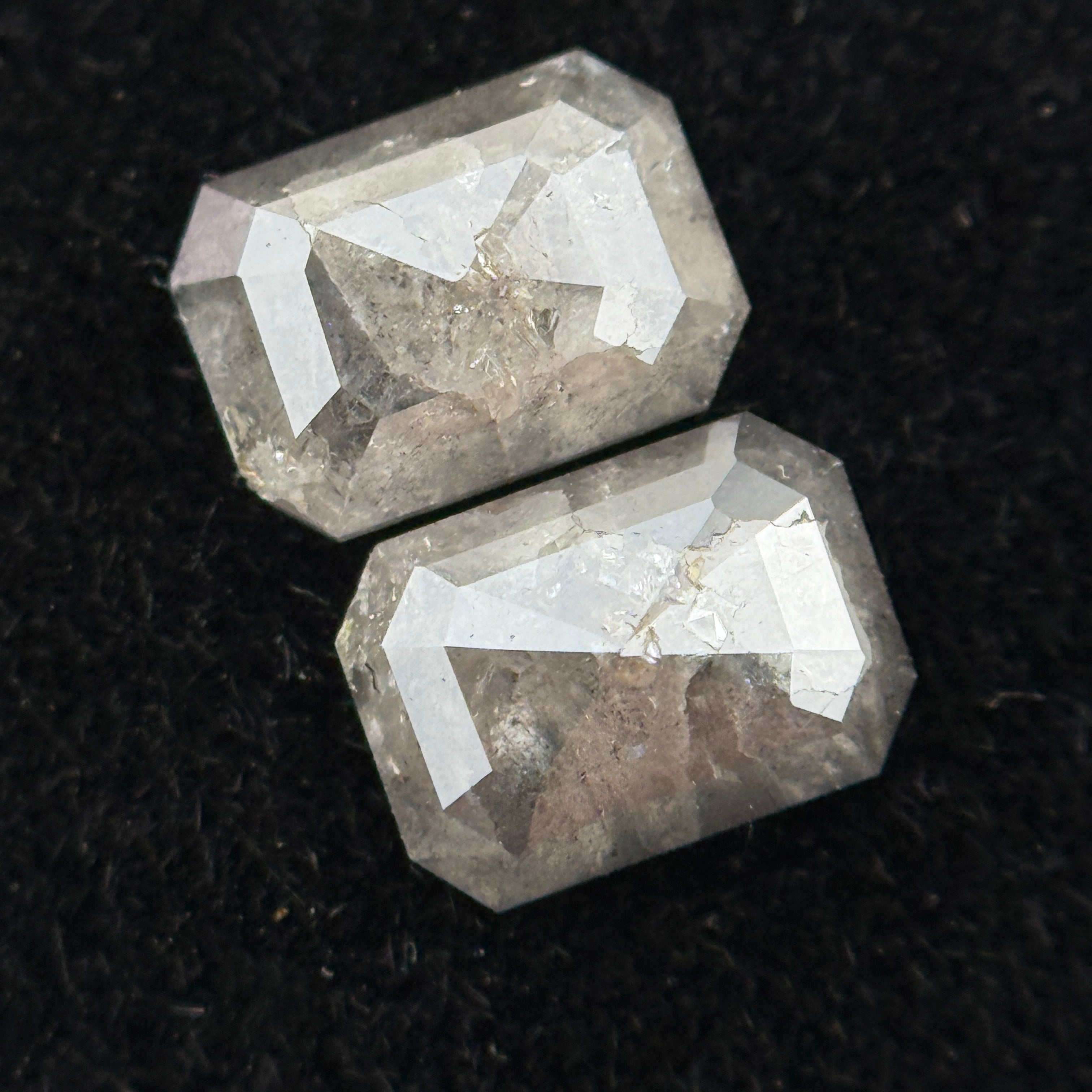 1.14 Ct Emerald Rose Cut Grey Natural Galaxy Salt and Pepper Diamond Pair