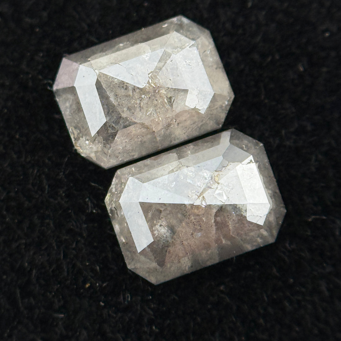 1.14 Ct Emerald Rose Cut Grey Natural Galaxy Salt and Pepper Diamond Pair