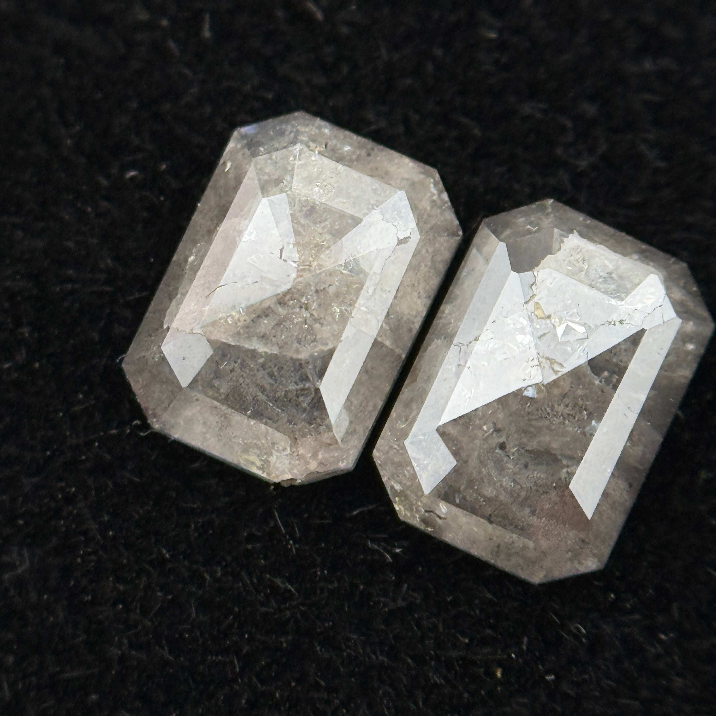 1.14 Ct Emerald Rose Cut Grey Natural Galaxy Salt and Pepper Diamond Pair