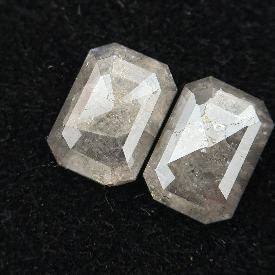 1.14 Ct Emerald Rose Cut Grey Natural Galaxy Salt and Pepper Diamond Pair
