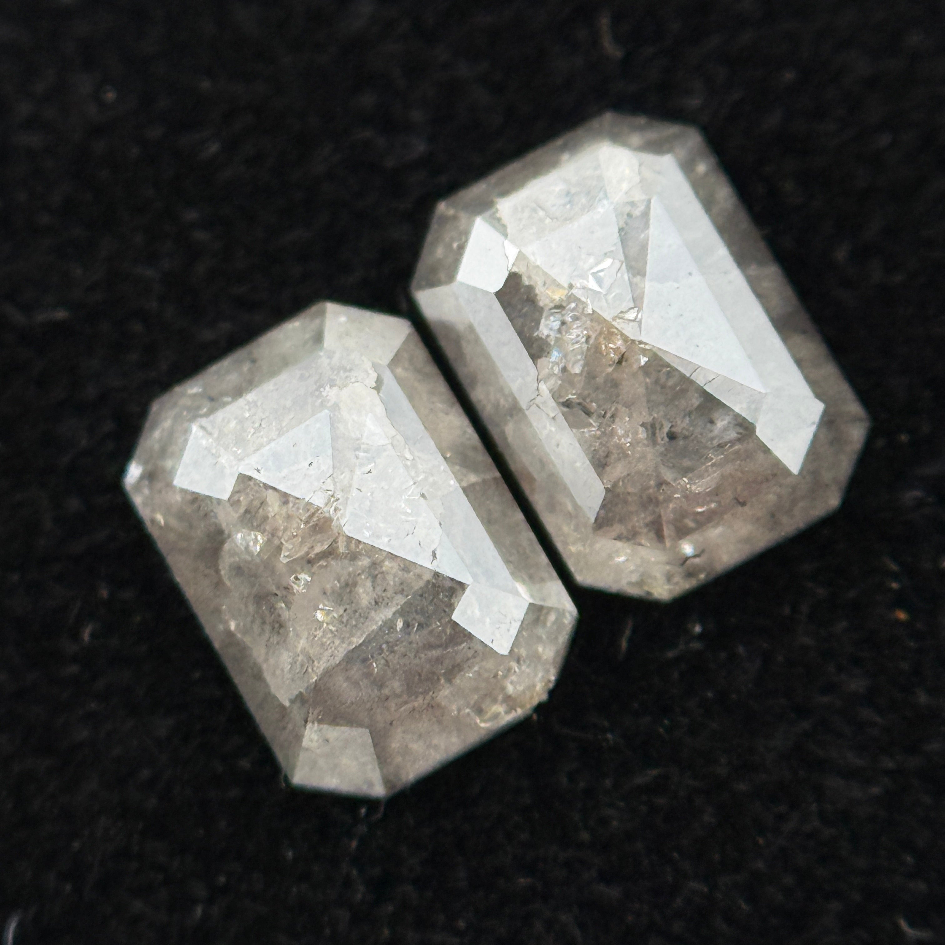 1.14 Ct Emerald Rose Cut Grey Natural Galaxy Salt and Pepper Diamond Pair