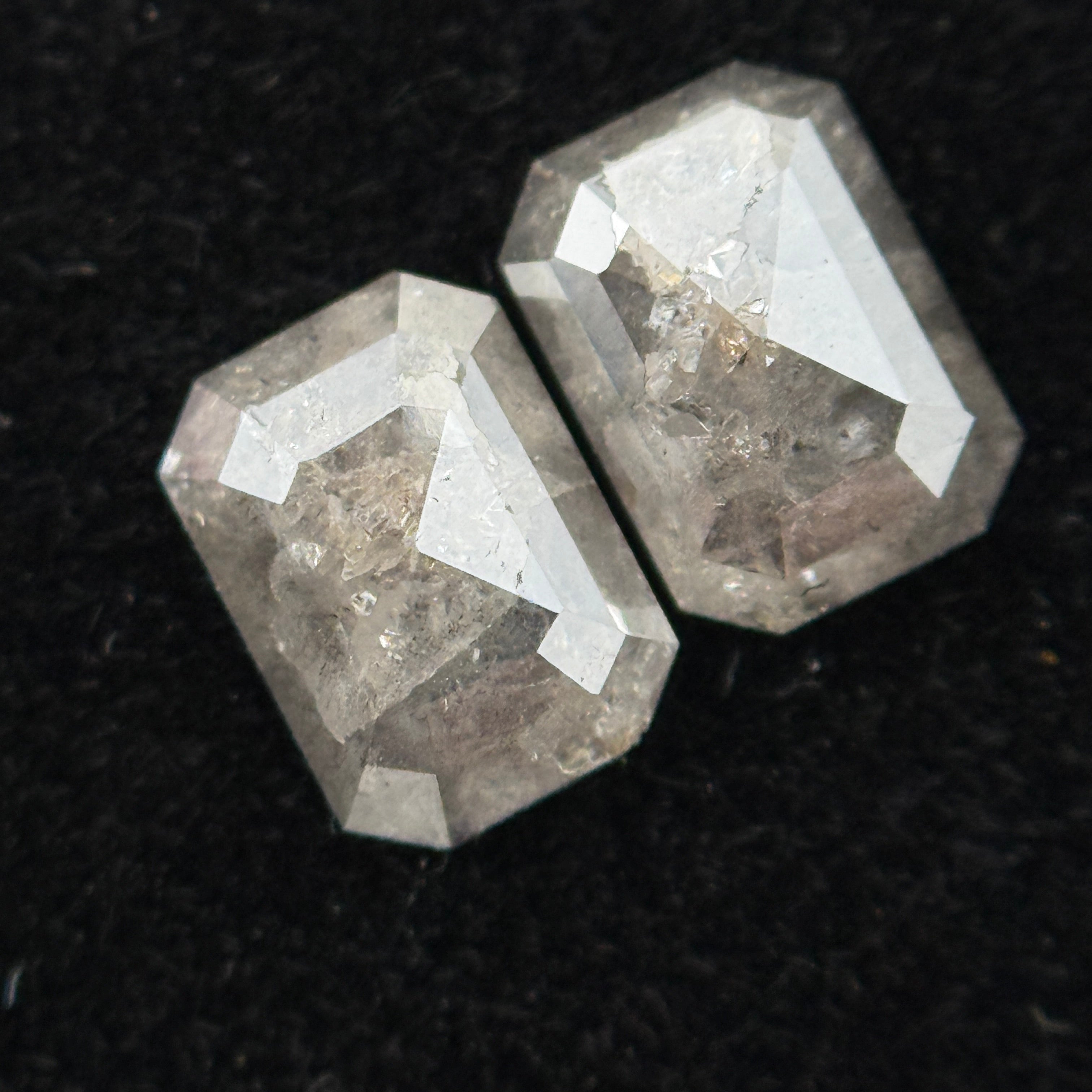 1.14 Ct Emerald Rose Cut Grey Natural Galaxy Salt and Pepper Diamond Pair