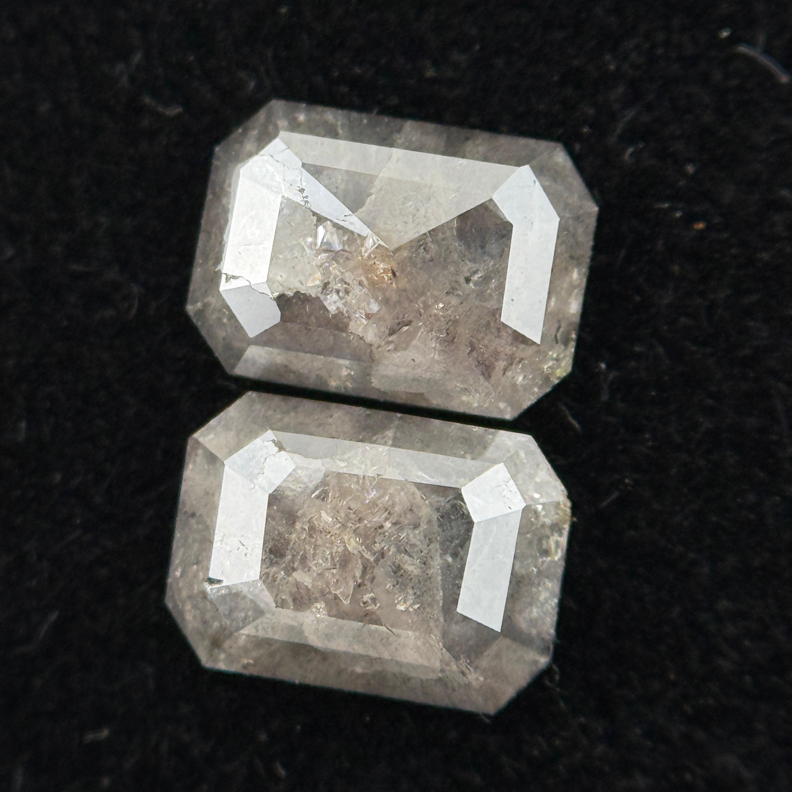 1.14 Ct Emerald Rose Cut Grey Natural Galaxy Salt and Pepper Diamond Pair
