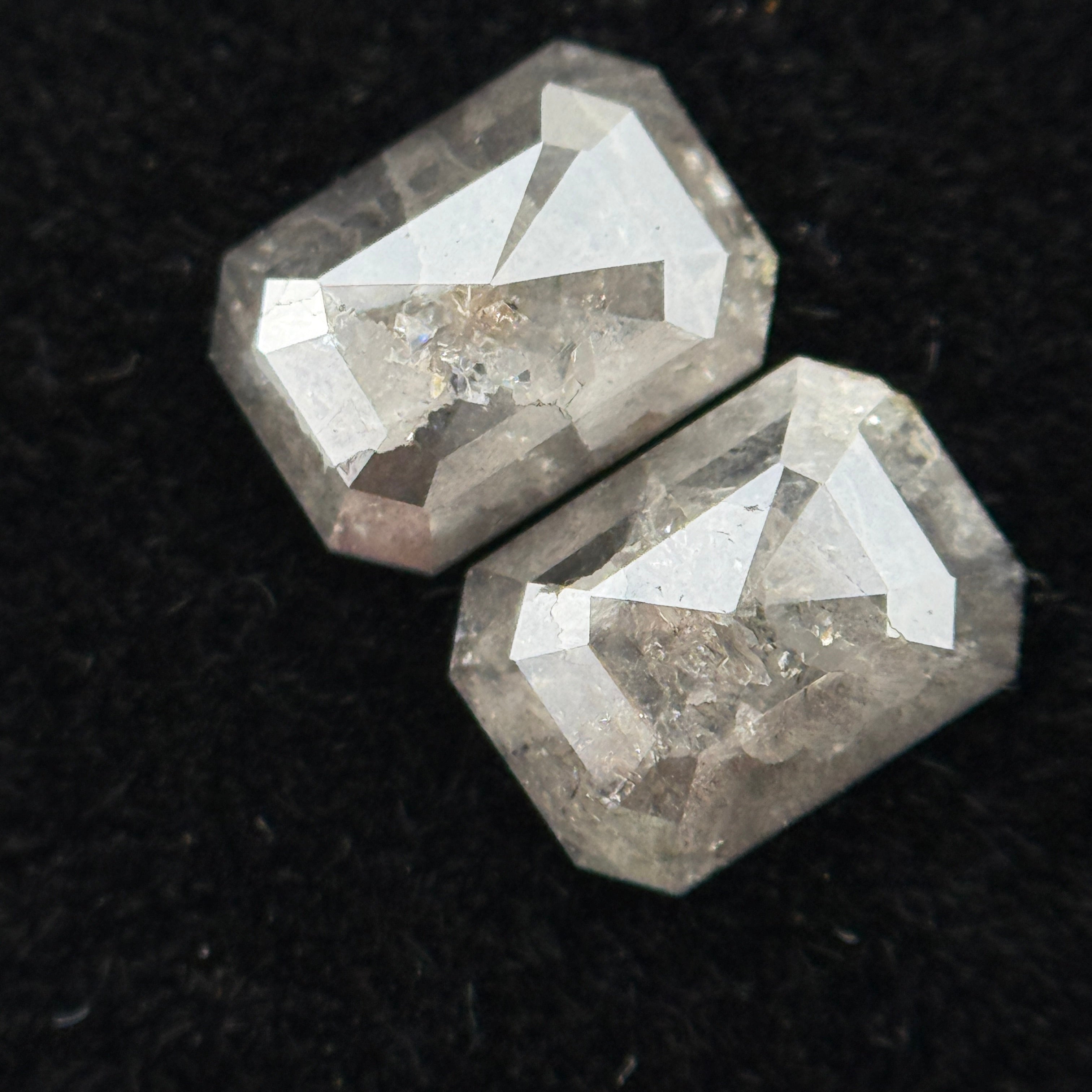 1.14 Ct Emerald Rose Cut Grey Natural Galaxy Salt and Pepper Diamond Pair