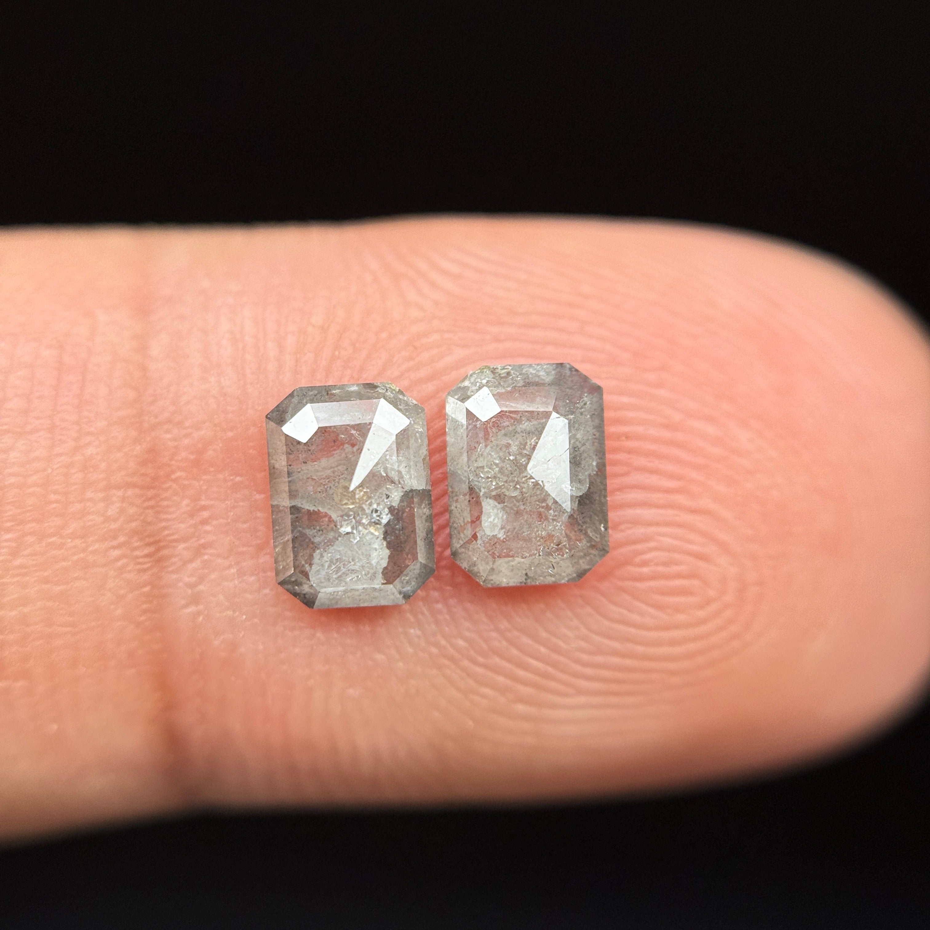 1.14 Ct Emerald Rose Cut Grey Natural Galaxy Salt and Pepper Diamond Pair