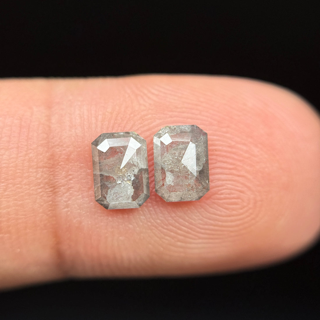 1.14 Ct Emerald Rose Cut Grey Natural Galaxy Salt and Pepper Diamond Pair