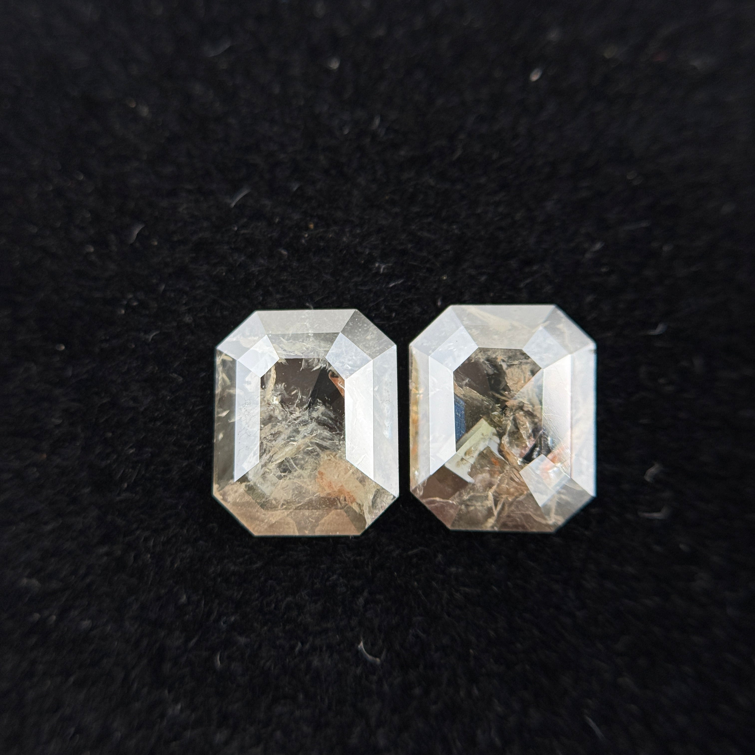 1.74 Ct Emerald Rose Cut Grey Natural Galaxy Salt and Pepper Diamond Pair