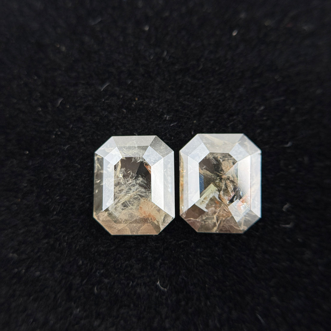 1.74 Ct Emerald Rose Cut Grey Natural Galaxy Salt and Pepper Diamond Pair