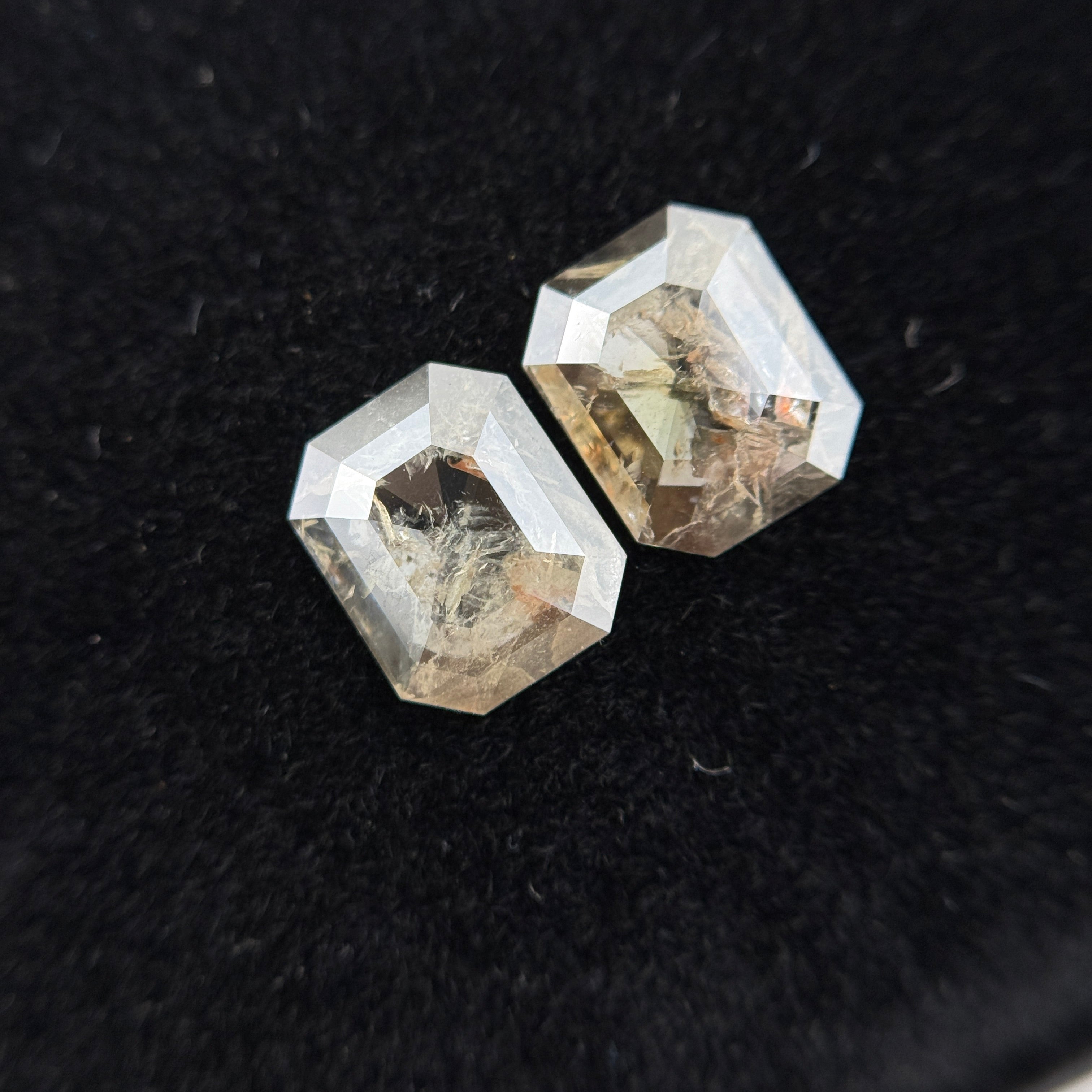 1.74 Ct Emerald Rose Cut Grey Natural Galaxy Salt and Pepper Diamond Pair