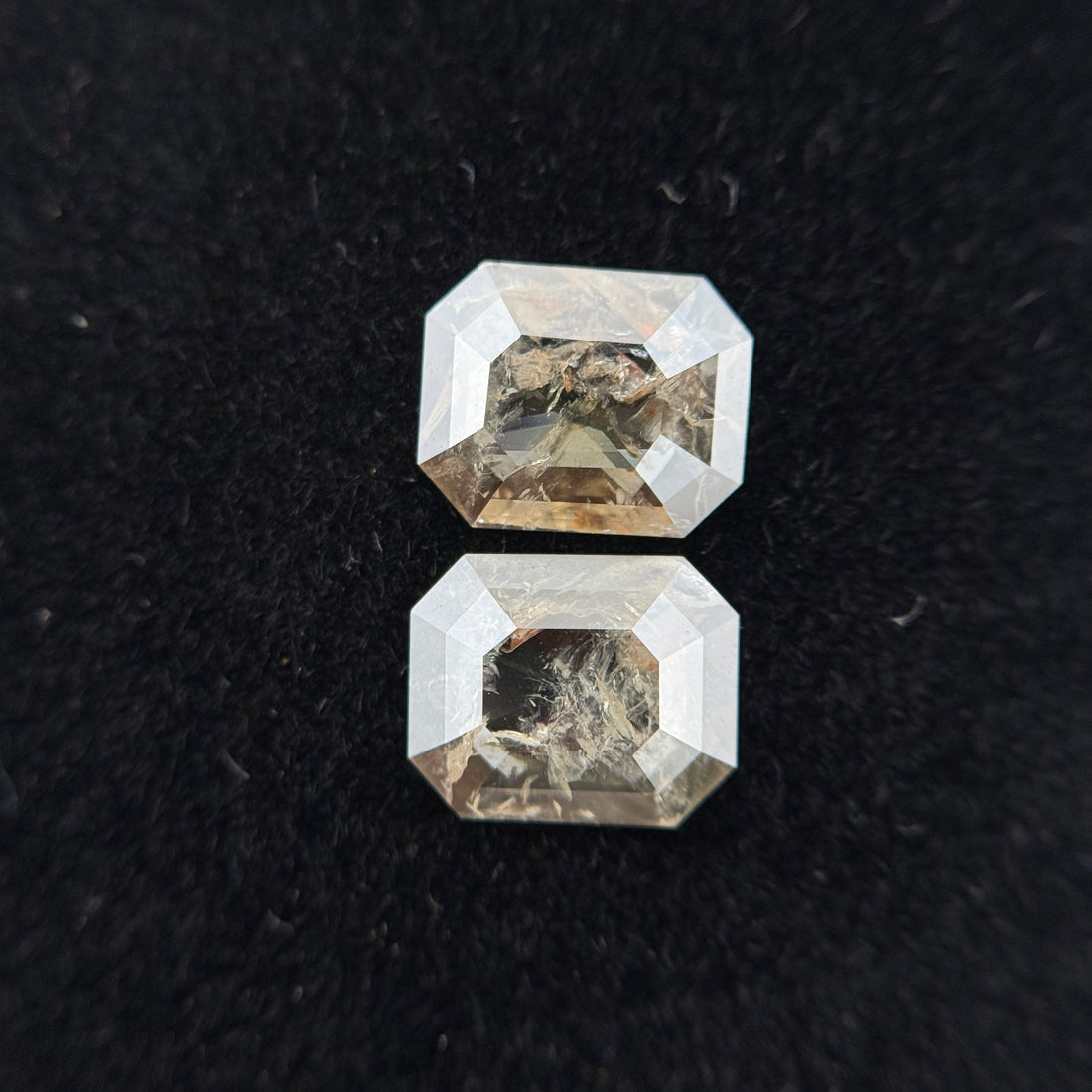 1.74 Ct Emerald Rose Cut Grey Natural Galaxy Salt and Pepper Diamond Pair