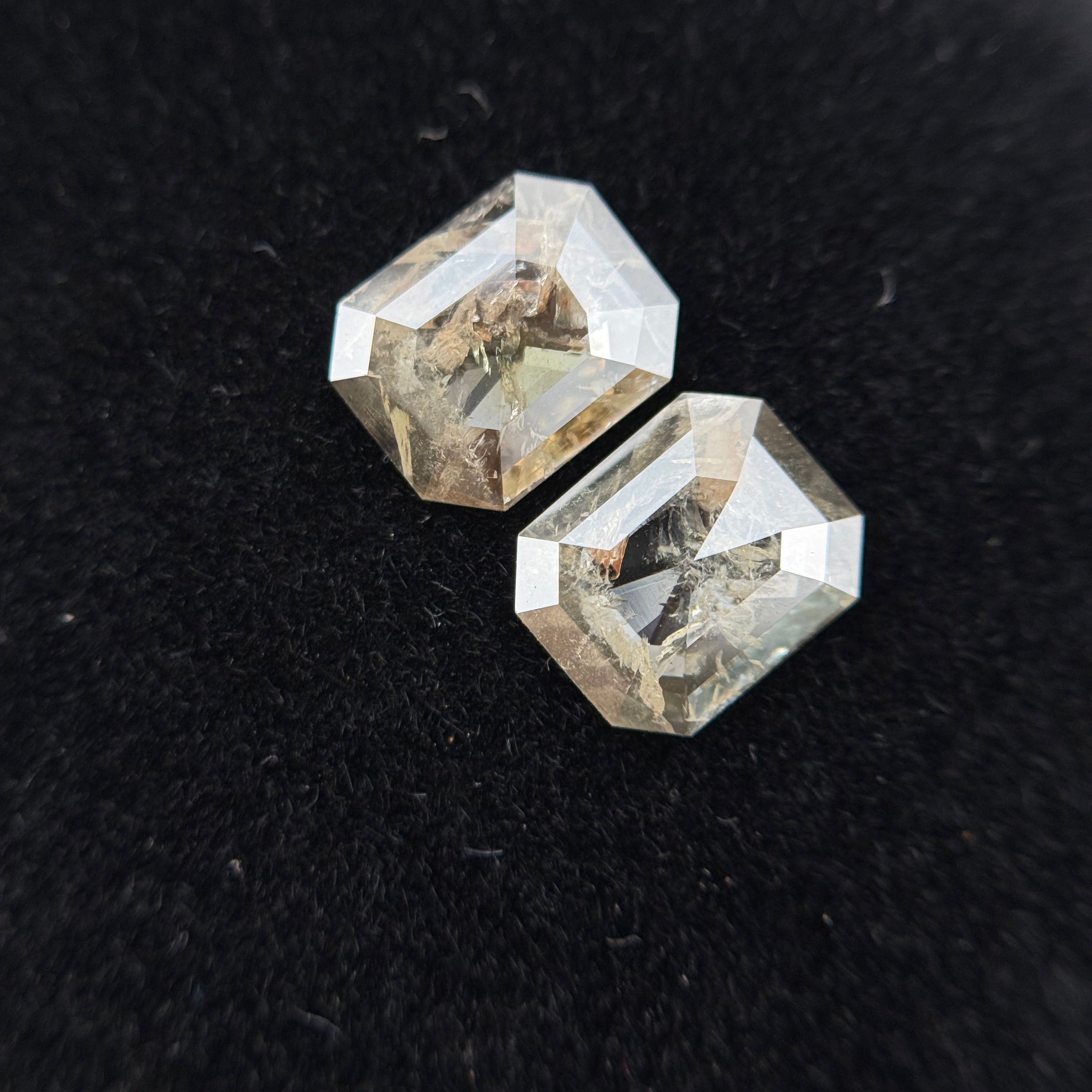 1.74 Ct Emerald Rose Cut Grey Natural Galaxy Salt and Pepper Diamond Pair