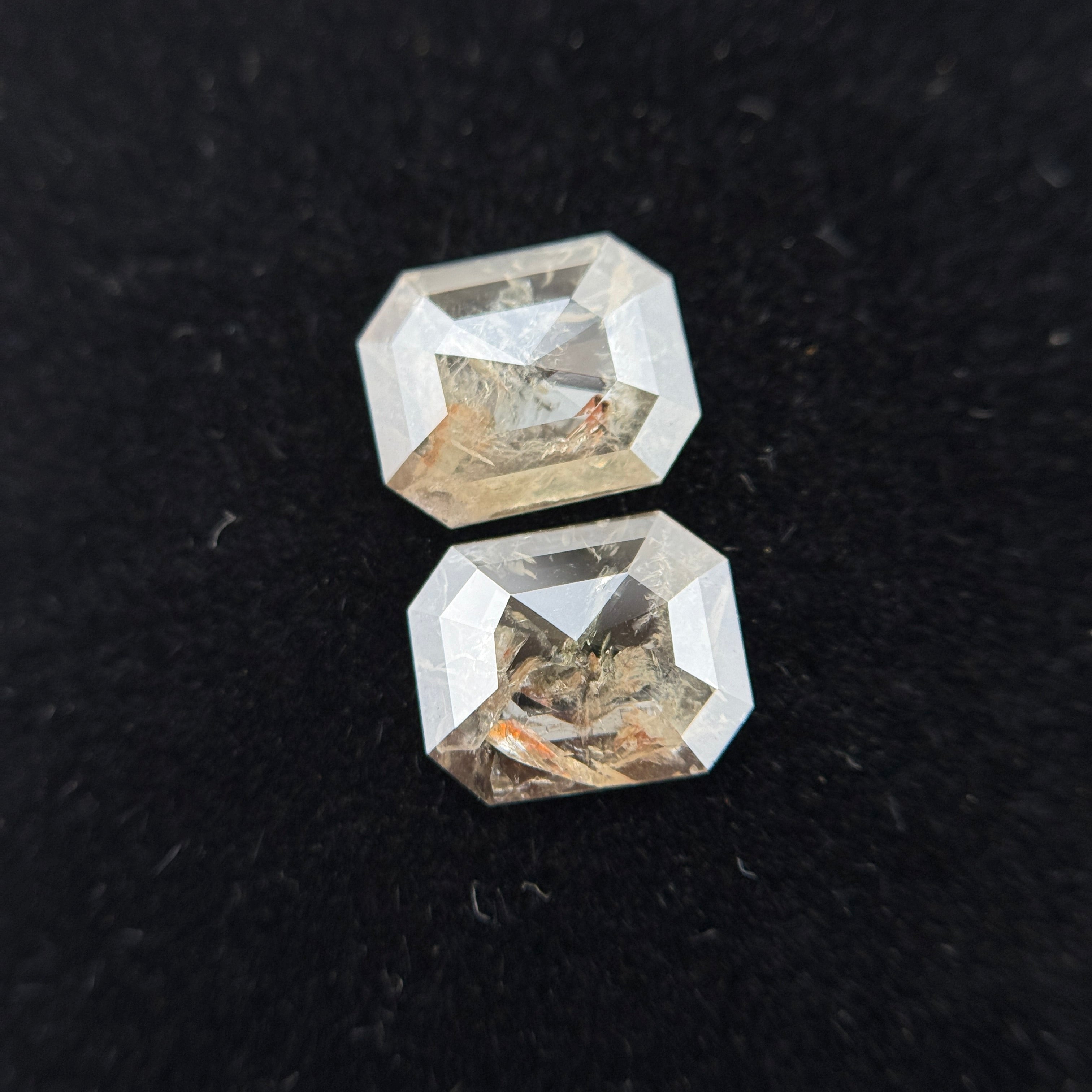 1.74 Ct Emerald Rose Cut Grey Natural Galaxy Salt and Pepper Diamond Pair